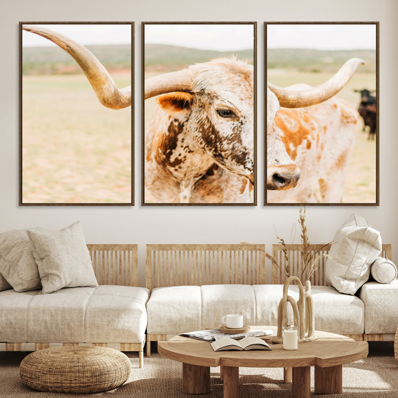 -Texas Longhorn Wall Art Canvas Print, Framed Speckled Cow Art Picture Print, Rustic Bull Perfect