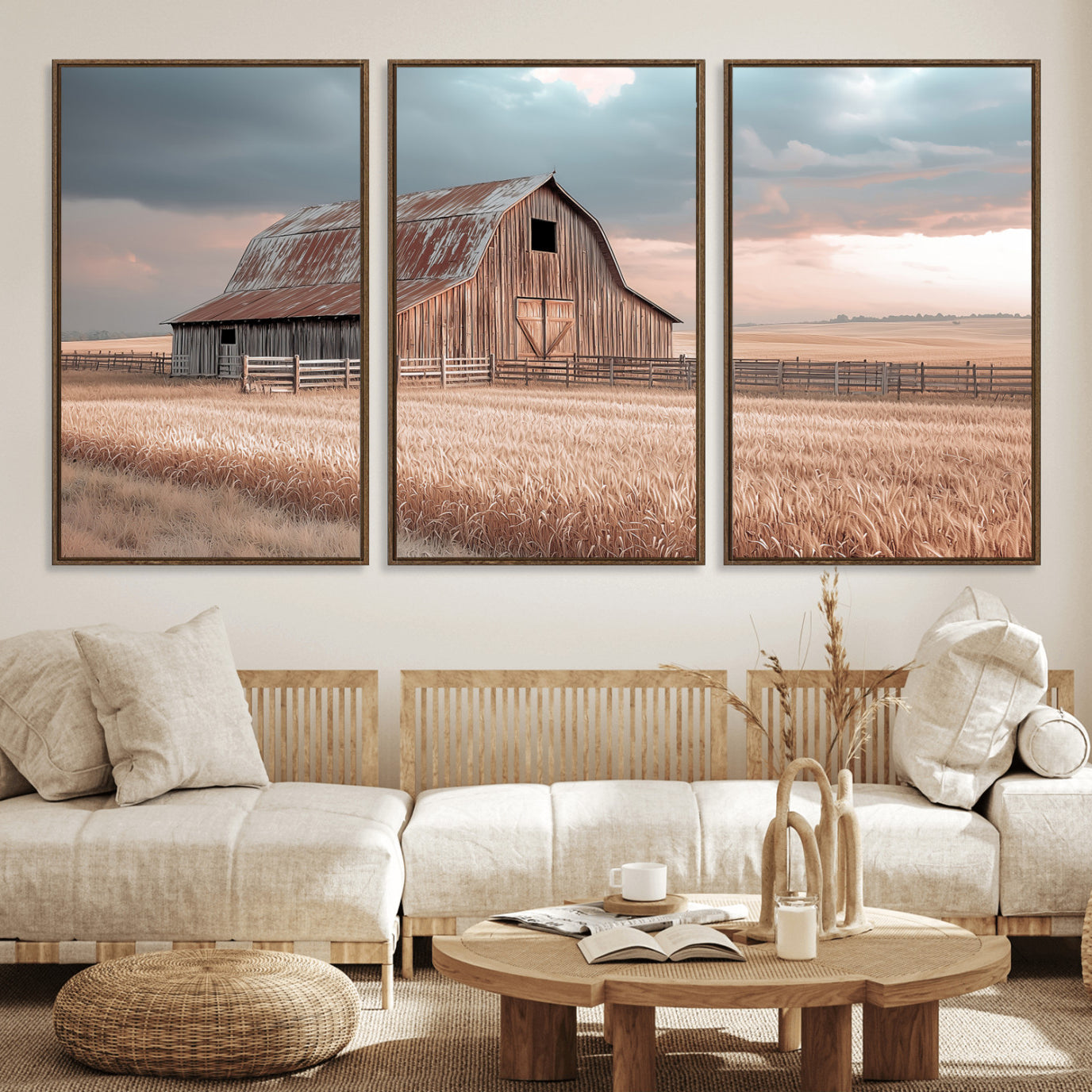 MGV-FC-60X30-3P - Rustic Barn Wall Art Canvas Print, Framed Wheat Field Art Picture Print, Sunset Barn Perfect Vintage Farmhouse Decor Artwork