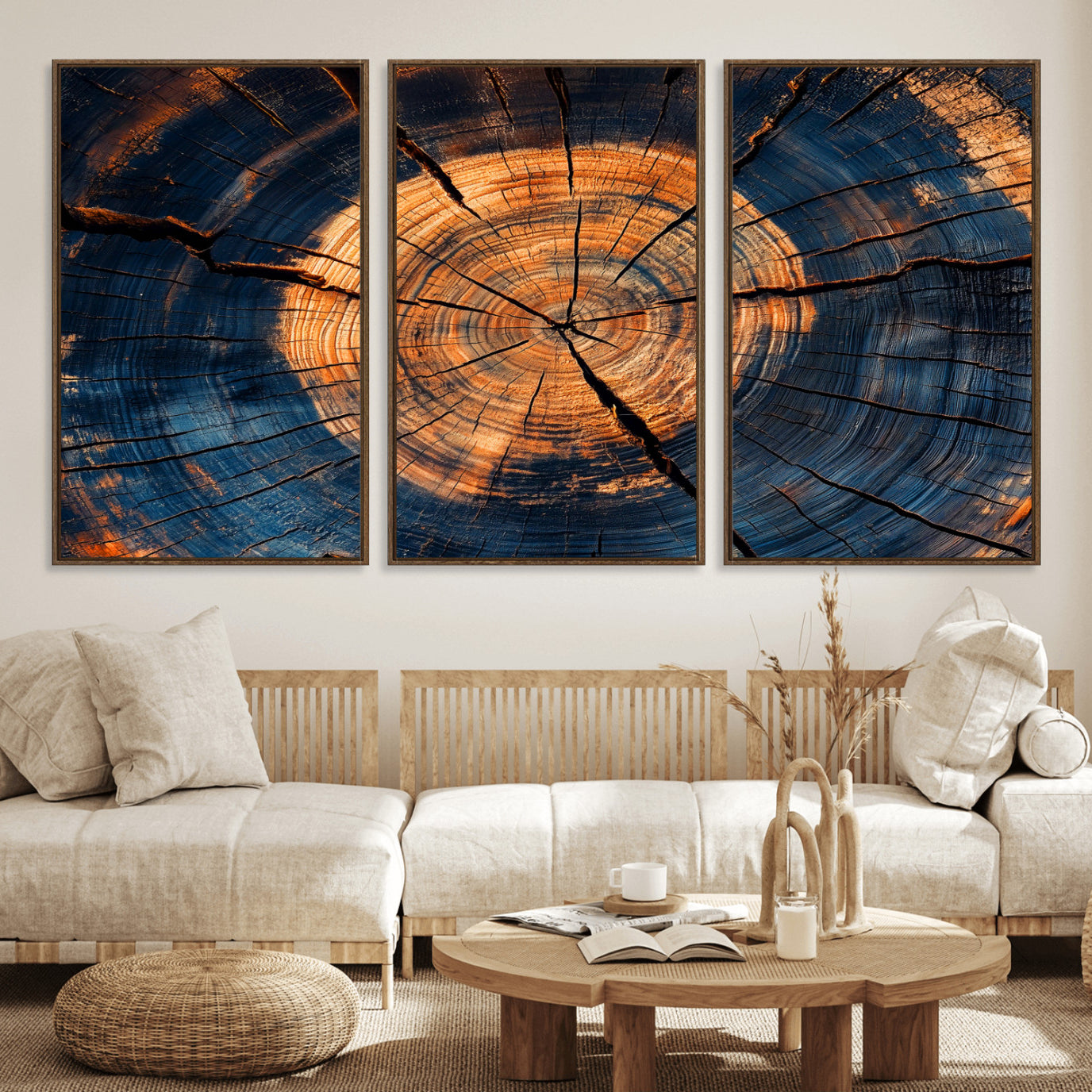 18975622-MGV-FC-60X30-3P_Walnut-Burnt Wood Wall Art Canvas Print – Framed Aged Timber Tree Artwork, Rustic Decor Perfect for Home, Office