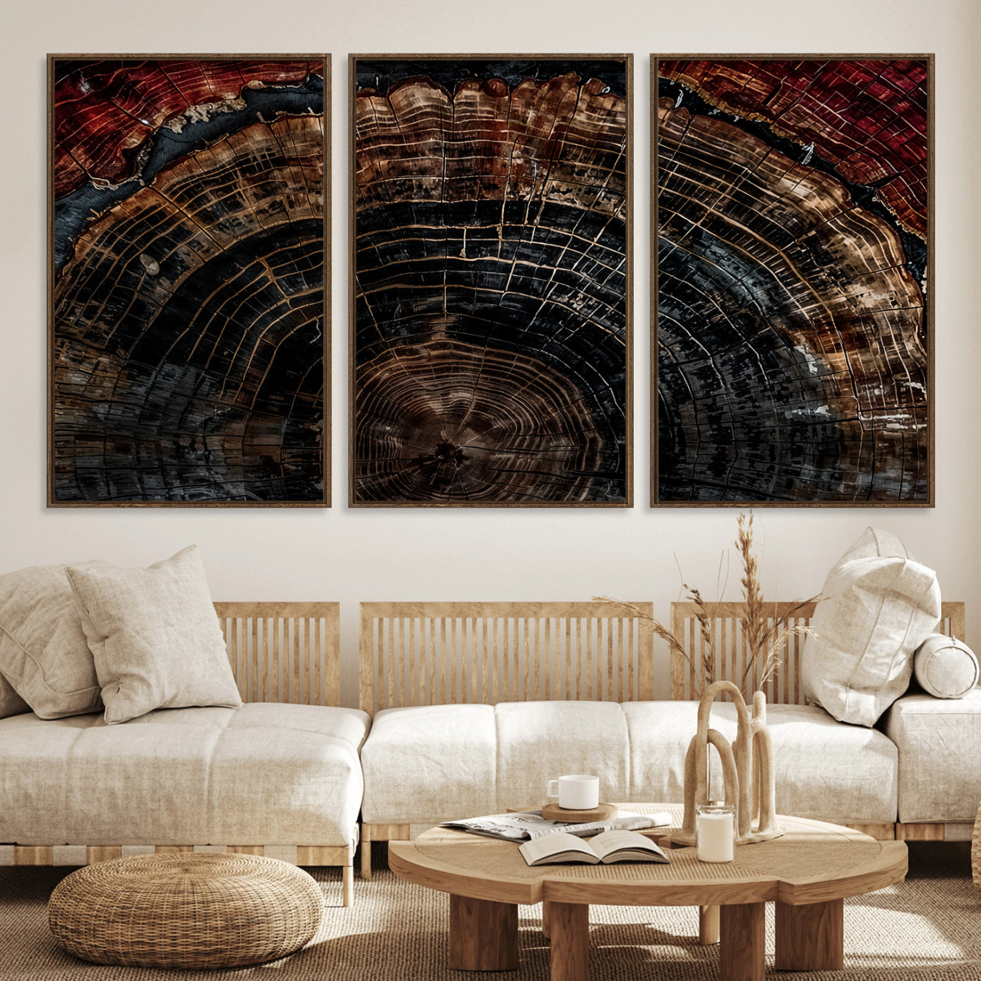 43686762-MGV-FC-60X30-3P_Walnut-Dark Wood Ring Wall Art Canvas Print – Framed Abstract Tree Rustic Artwork for Home, Office, Living Room