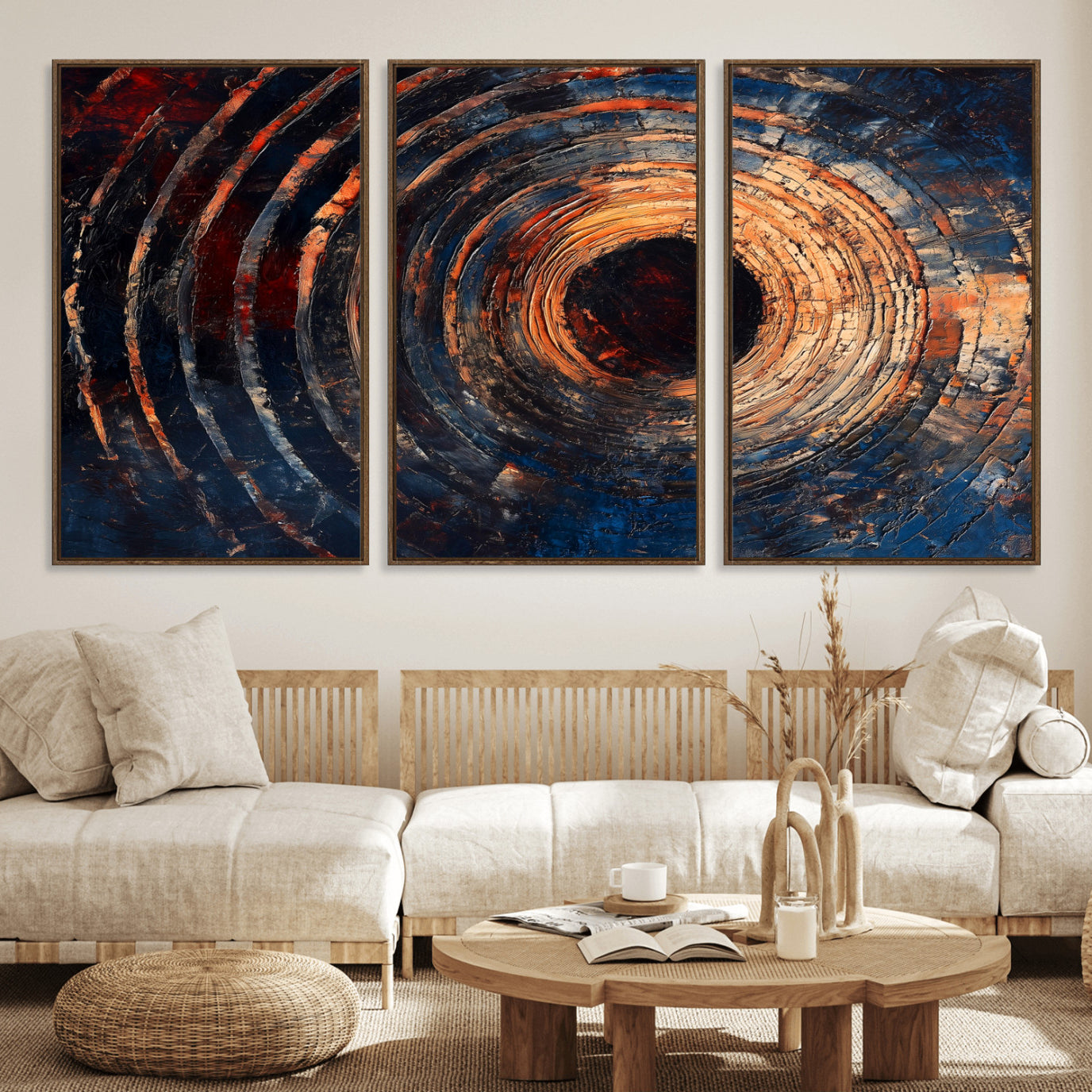 10017879-MGV-FC-60X30-3P_Walnut-Wood Tree Ring Wall Art Canvas Print – Framed Natural Wood Artwork, Rustic Tree Slice Perfect Decor for Home, Office