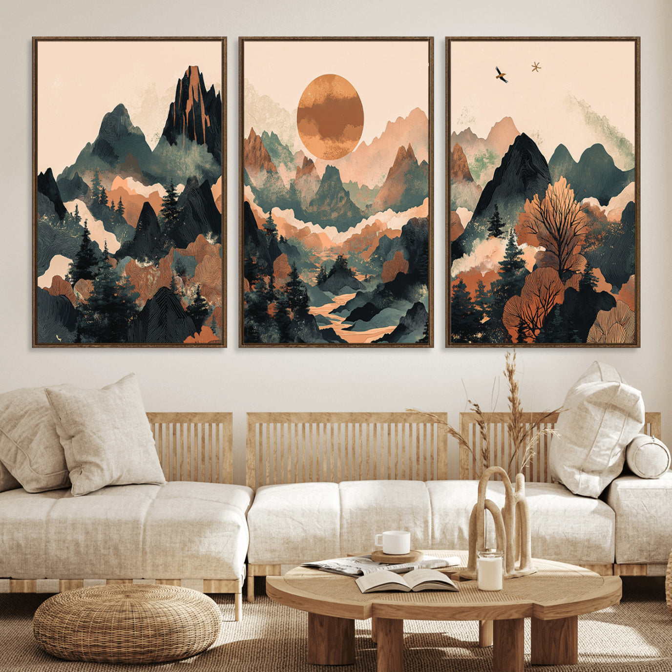 46509506-MGV-FC-60X30-3P_Walnut-Wood Mountain Landscape Wall Art Canvas Print – Framed Sunset Hills Artwork, Abstract Nature Perfect Boho Decor for Home, Office