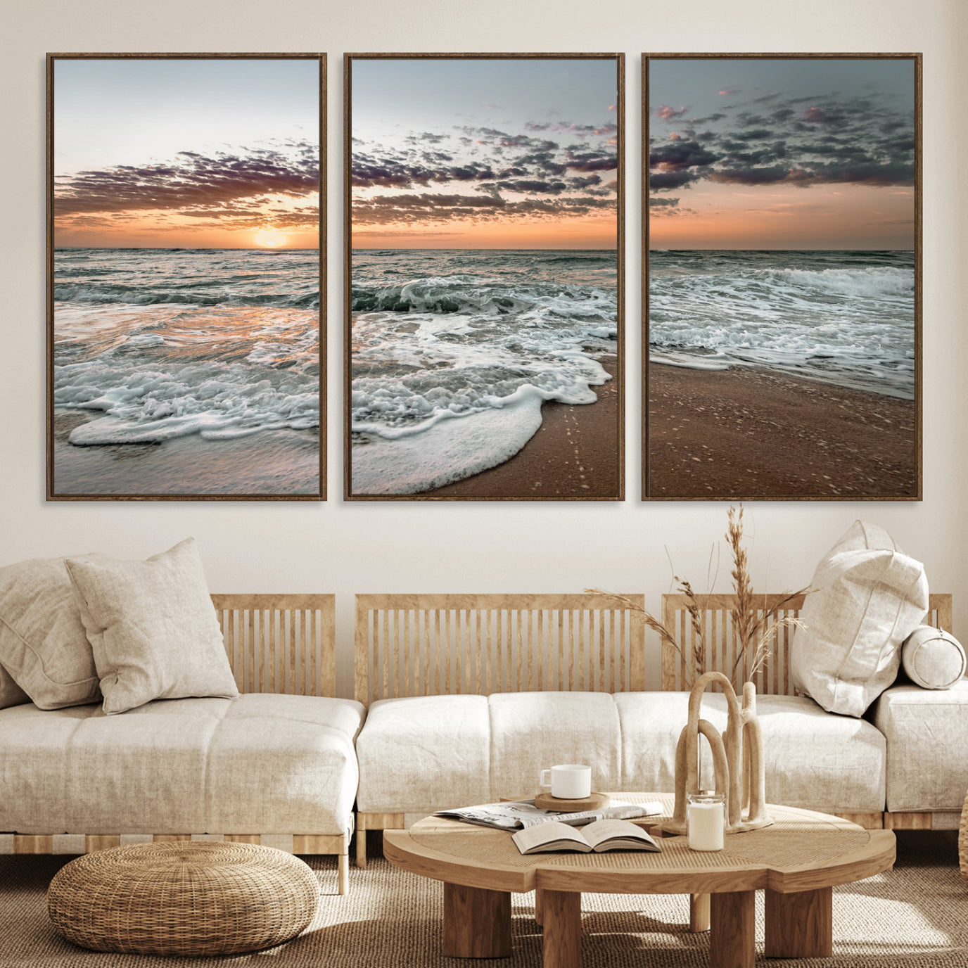 40632752-MGV-FC-60X30-3P_Walnut-Ocean Sunset Wall Art Canvas Print – Framed Beach Waves Scene with Coastal Artwork for Home, Office, Living Room