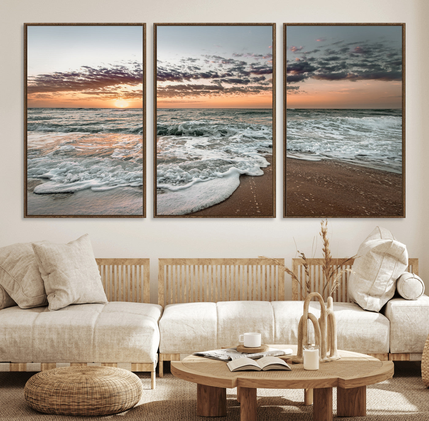 40632752-MGV-FC-60X30-3P_Walnut-Ocean Sunset Wall Art Canvas Print – Framed Beach Waves Scene with Coastal Artwork for Home, Office, Living Room