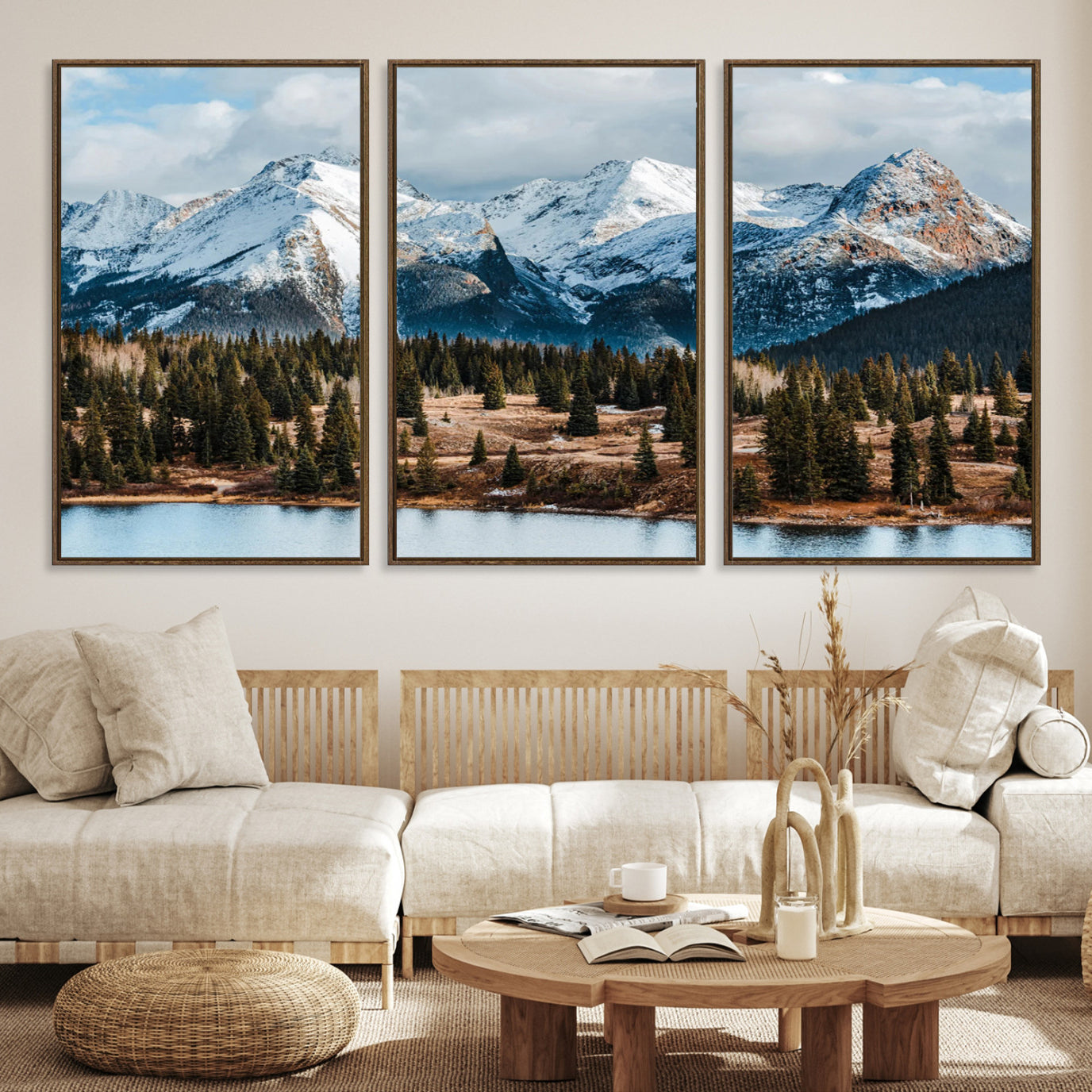 -Snowy Peaks Wall Art Canvas Print, Framed Alpine Lake Art Picture Print, Pine Forest Perfect Alpine