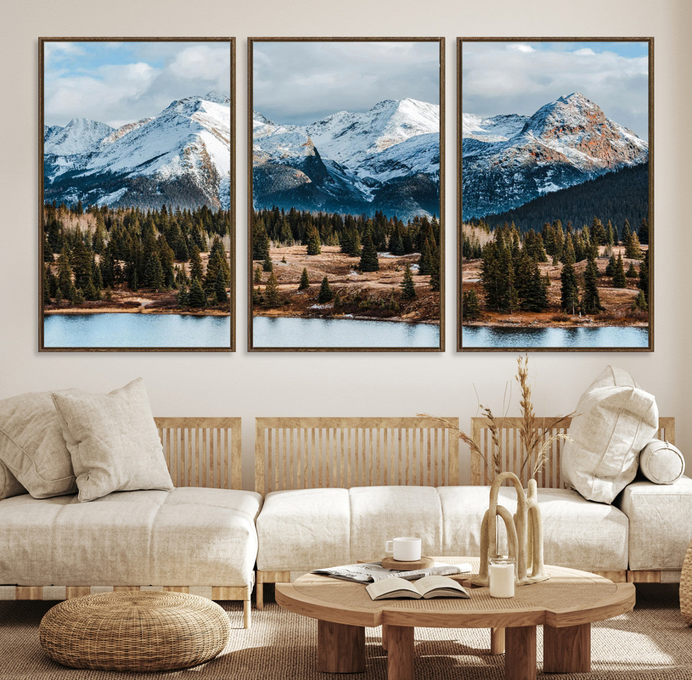 -Snowy Peaks Wall Art Canvas Print, Framed Alpine Lake Art Picture Print, Pine Forest Perfect Alpine
