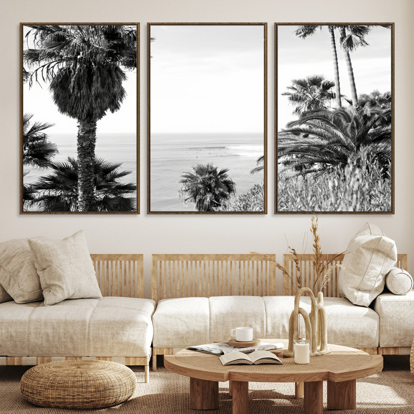 89458520-MGV-CV-36X24-Palm Trees Wall Art Canvas Print, Framed Coastal Art Picture Print, Ocean Horizon Perfect Monochrome Coast Decor