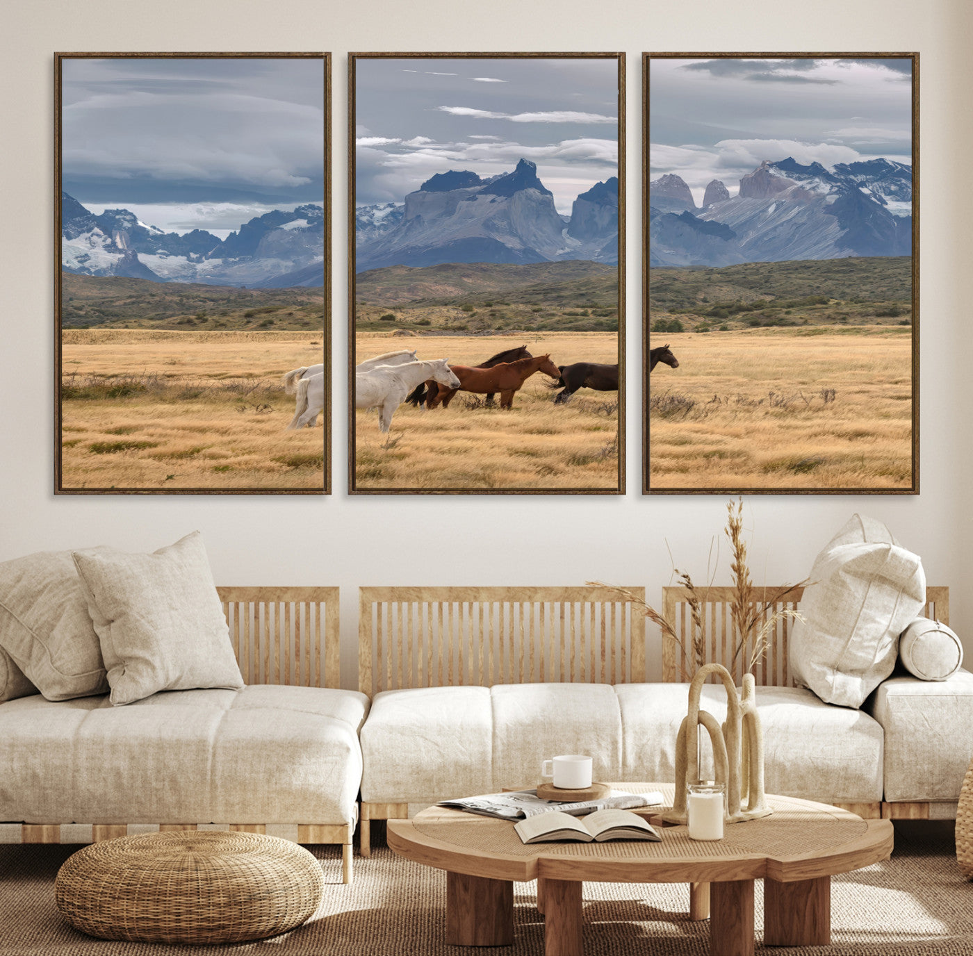 69960232-MGV-CV-36X24-Horses Grazing Wall Art Canvas Print – Framed Mountain Field Scenic Landscape Cloudy Sky Nature Artwork for Home Office