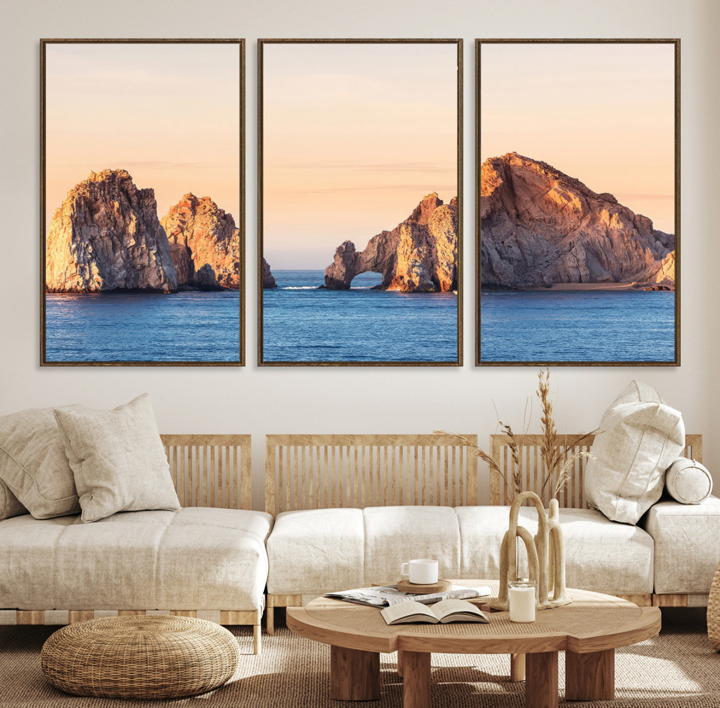 -El Arco Wall Art Canvas Print, Framed Cabo Rocks Art Picture Print, Ocean Arch Perfect Golden