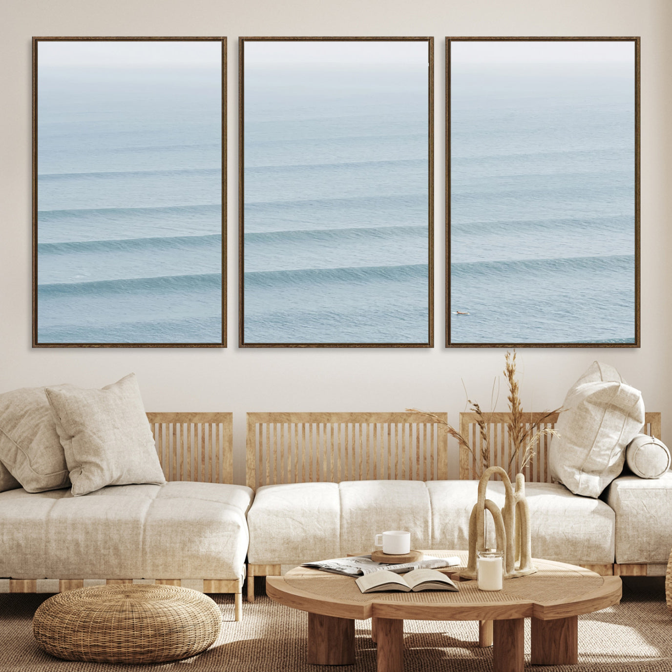 -Ocean Waves Wall Art Canvas Print, Framed Solo Surfer Art Picture Print, Wave Lines Perfect