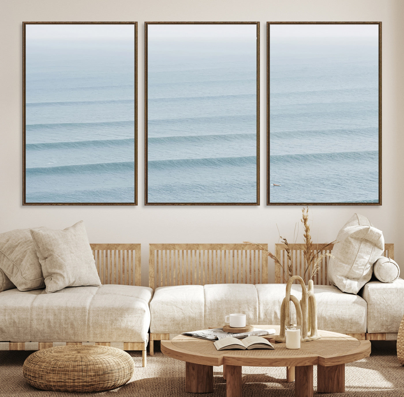 -Ocean Waves Wall Art Canvas Print, Framed Solo Surfer Art Picture Print, Wave Lines Perfect