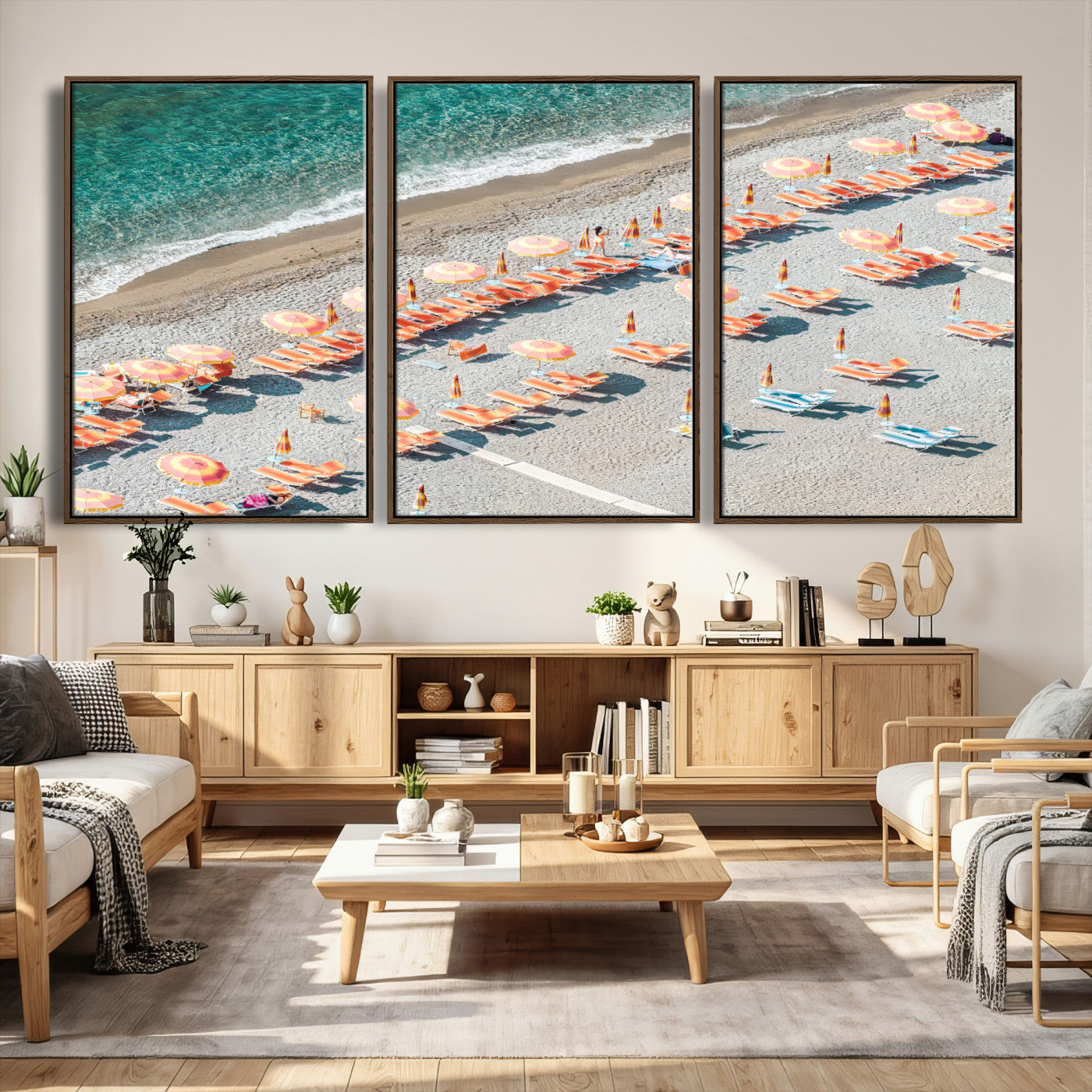 27805351-MGV-CV-36X24 - Beach Umbrellas Wall Art – Orange Loungers & Turquoise Water Canvas Print, Sandy Shore and Summer Vibes