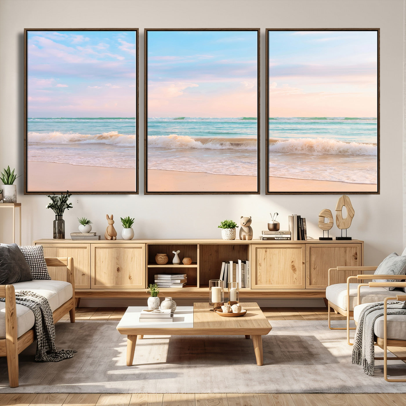 74679437-MGV-CV-36X24 - Serene Waves Wall Art – Golden Shore & Soft Pastel Sky Canvas Print, Gentle Ocean and Peaceful Sunset for Living Room or Office