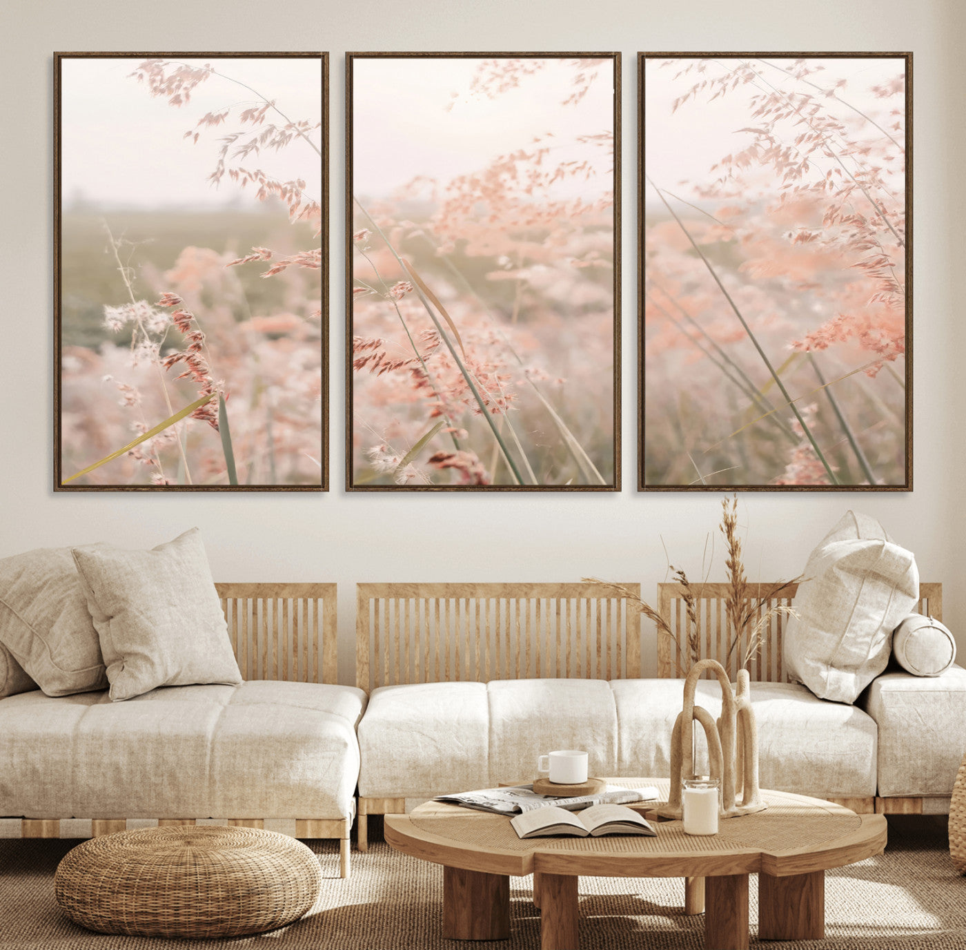 79164340-MGV-FC-60X30-3P_Walnut-Pastel Grasses Wall Art Canvas Print, Framed Soft Meadow Art Picture Print, Field in Breeze Perfect Soft Pastel Minimal Decor Artwork