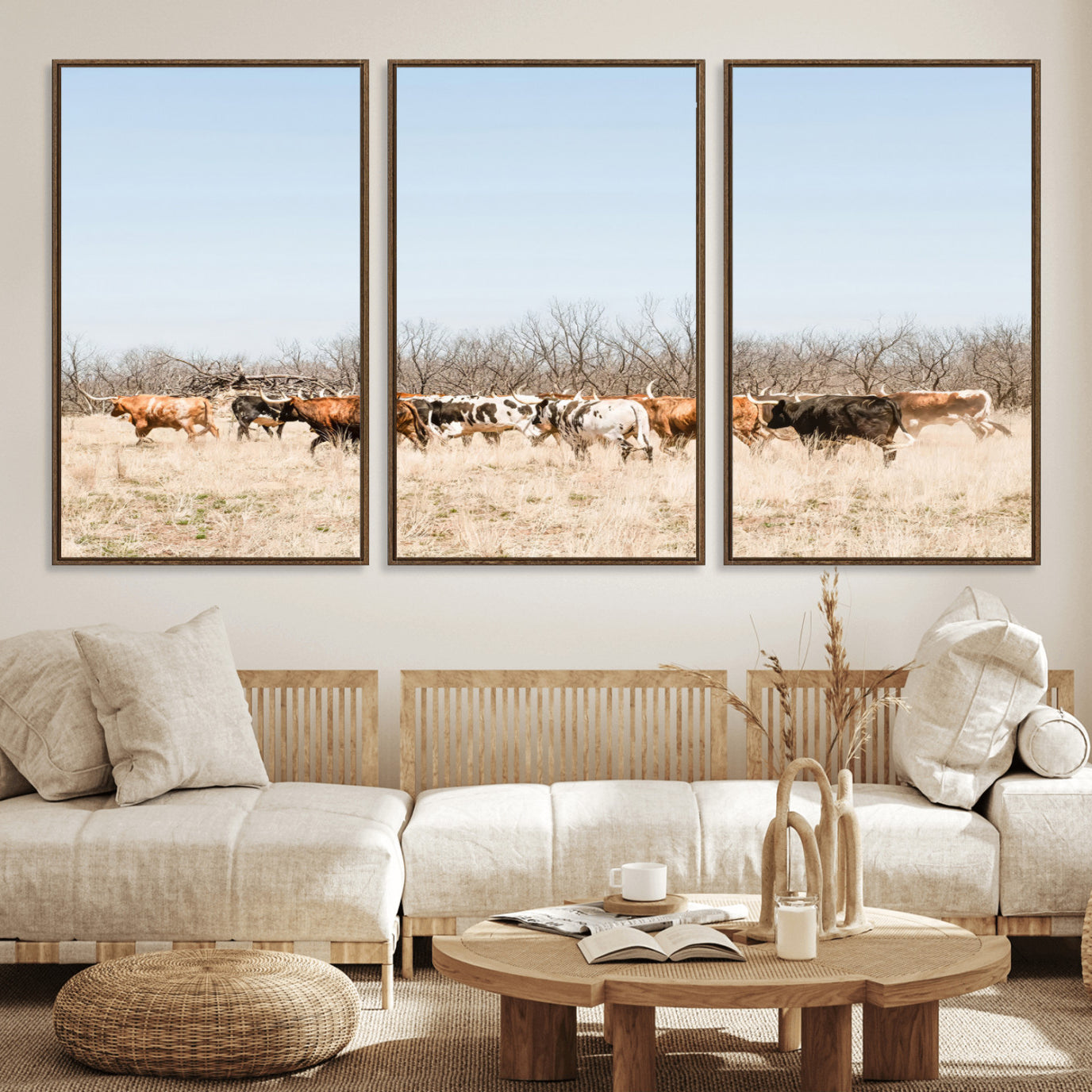 16563092-MGV-FC-60X30-3P_Walnut-Texas Longhorns Wall Art Canvas Print, Framed Western Cattles Art Picture Print, Rustic Herd Perfect Rustic Farmhouse Decor Artwork