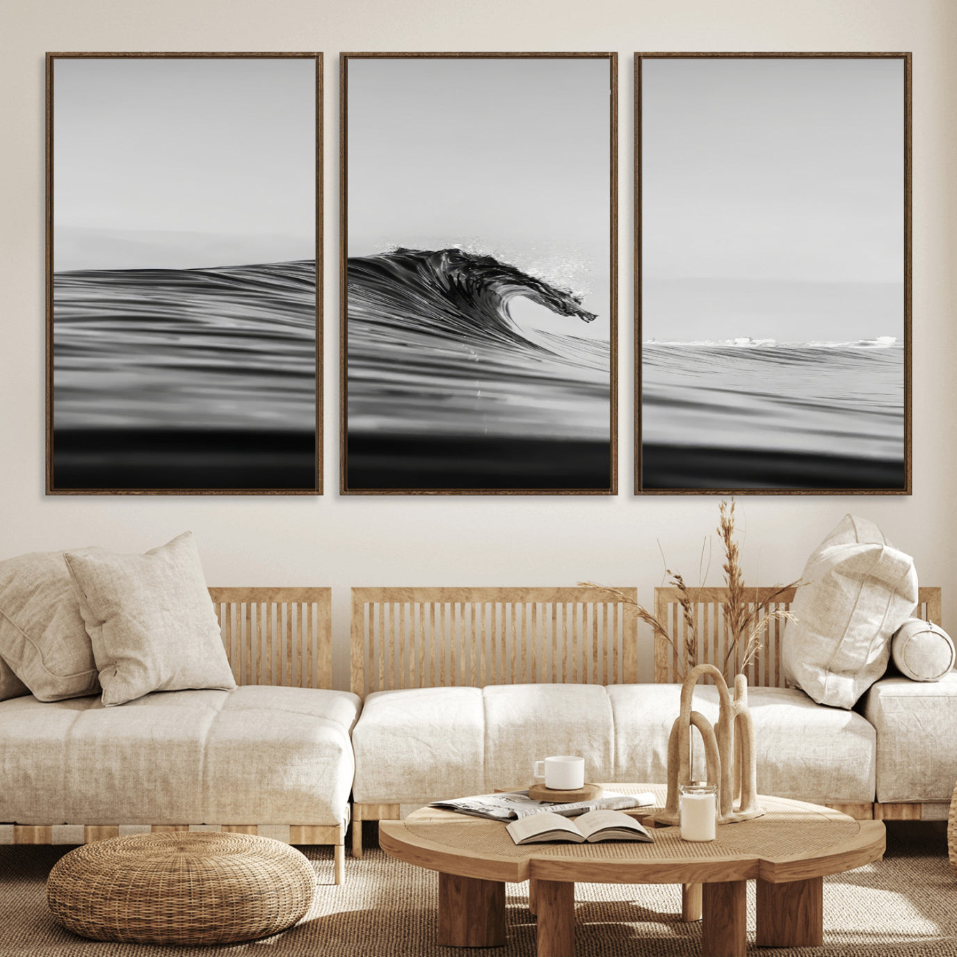 24029476-MGV-FC-60X30-3P_Walnut-Black Wave Wall Art Canvas Print, Framed Abstract Surf Art Picture Print, Minimalist Ocean Perfect Minimalist Coastal Decor Artwork