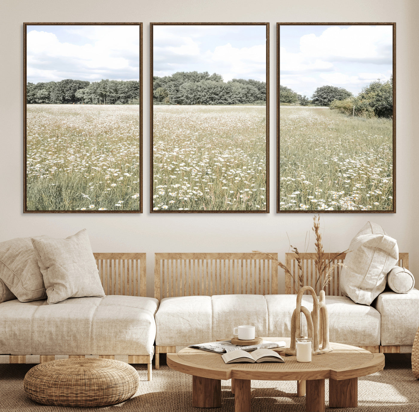 43258946-MGV-FC-60X30-3P_Walnut-Charming Daisy Field Wall Art Canvas Print – Framed Pastel Flower Meadow Bloom Scandinavian Minimal Artwork for Home Office