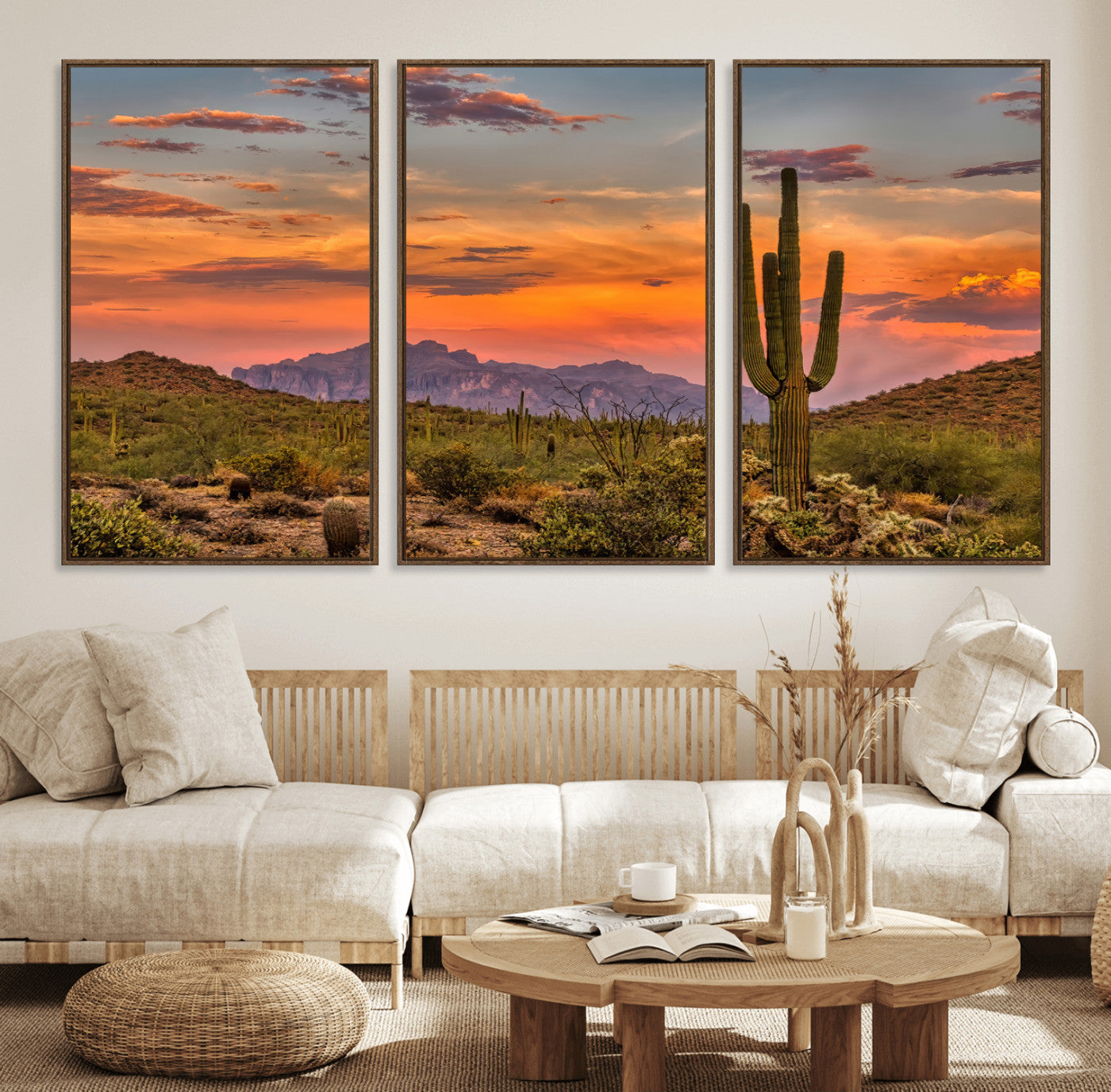 25332783-MGV-FC-60X30-3P_Walnut-Saguaro Cactus Wall Art Canvas Print – Framed Arizona Sunset Sonoran Desert Southwestern Boho Artwork for Home Office