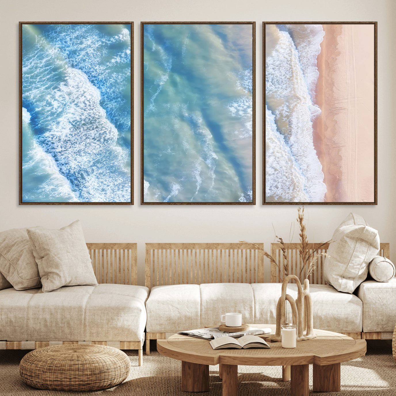 17641845-MGV-FC-60X30-3P_Walnut-Aerial Ocean View Wall Art Canvas Print, Framed Soft Blue Waves Art Picture Print, Sandy Shoreline Perfect Modern Coastal Decor Artwork