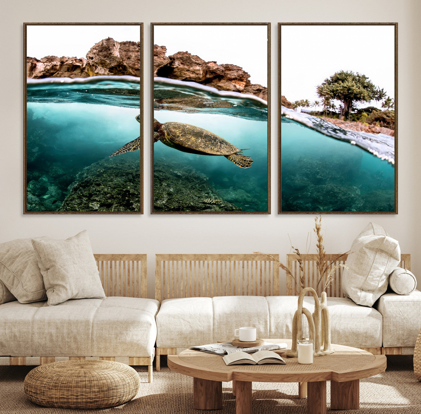 -Sea Turtle Wall Art Canvas Print, Framed Ocean Life Art Picture Print, Tropical Perfect Coastal