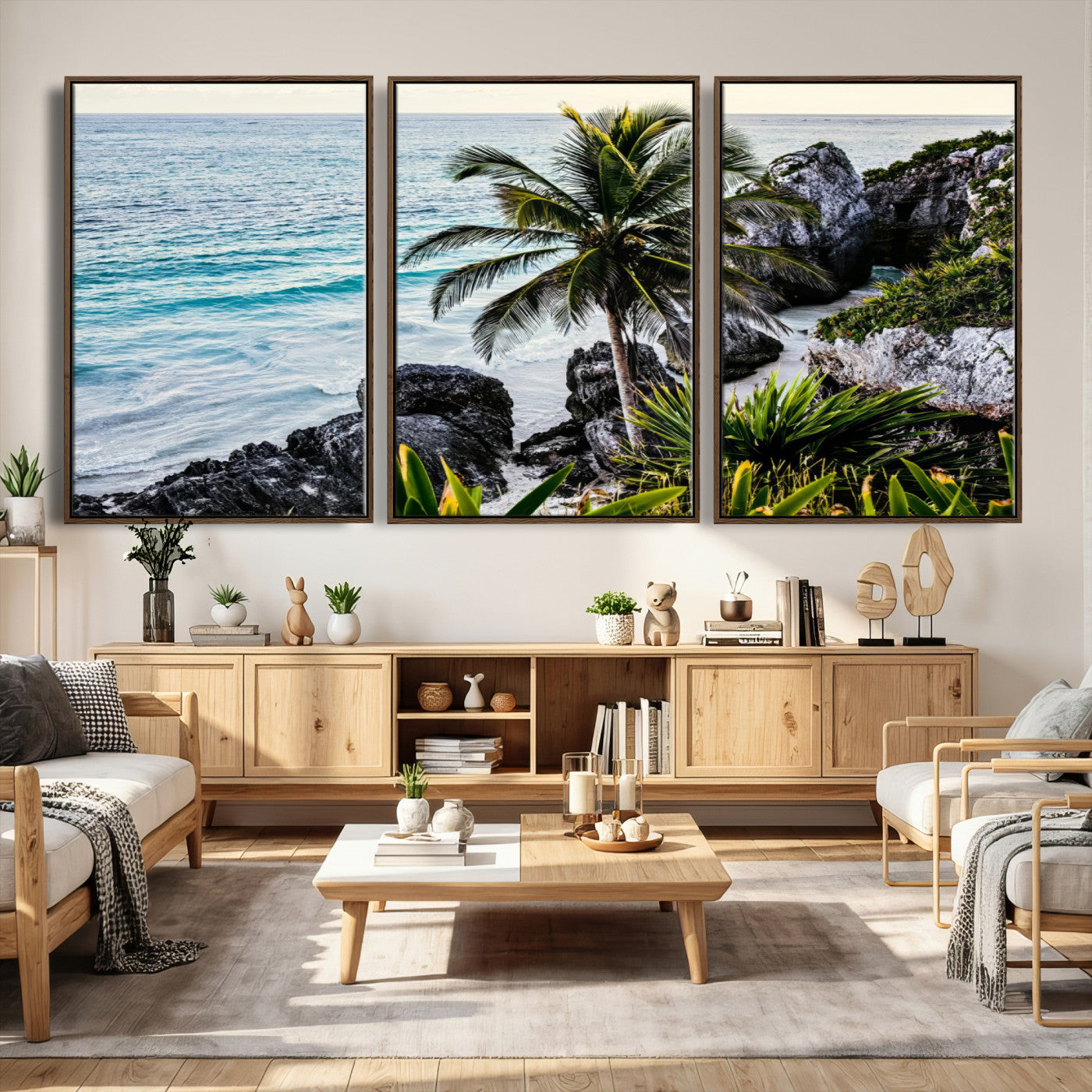 94669907-MGV-CV-36X24 - Tropical Palm Wall Art – Coastal Rocks Canvas Print, Ocean Breeze, Sandy Shore, Vibrant Green Foliage for Living Room or Beach House Decor