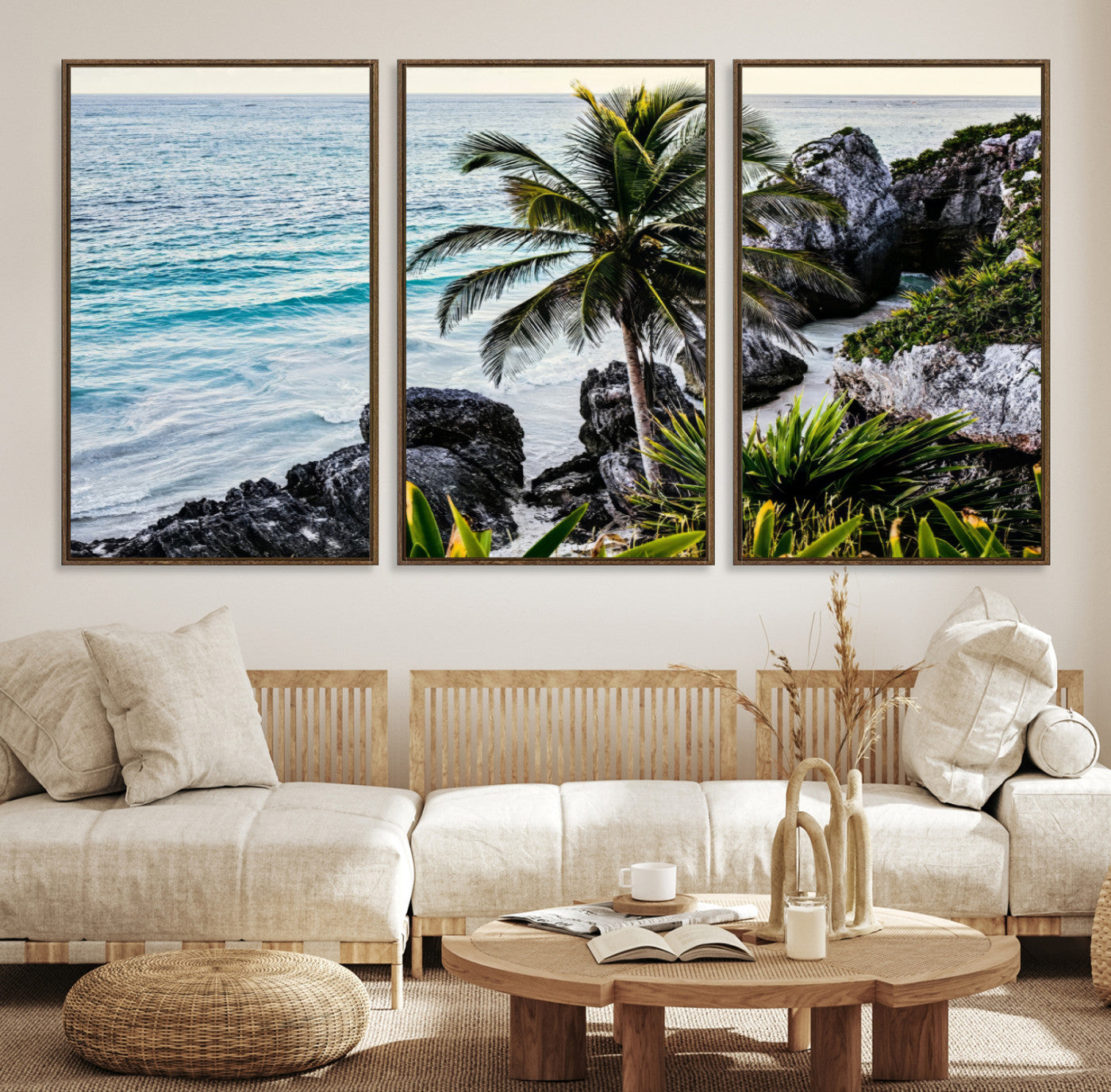 94669907-MGV-CV-36X24-Tropical Coastline Wall Art Canvas Print – Framed Palm Tree and Rocky Beach Scene Artwork for Home, Office Decor