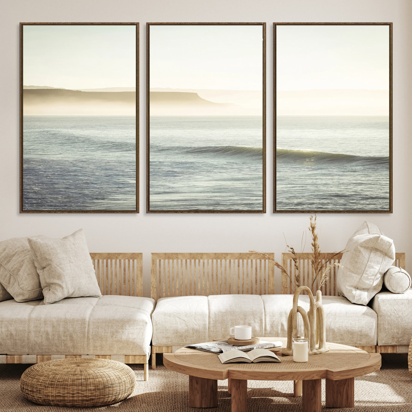 -Coastal Cliffs Wall Art Canvas Print, Framed Misty Ocean Art Picture Print, Soft Morning Perfect