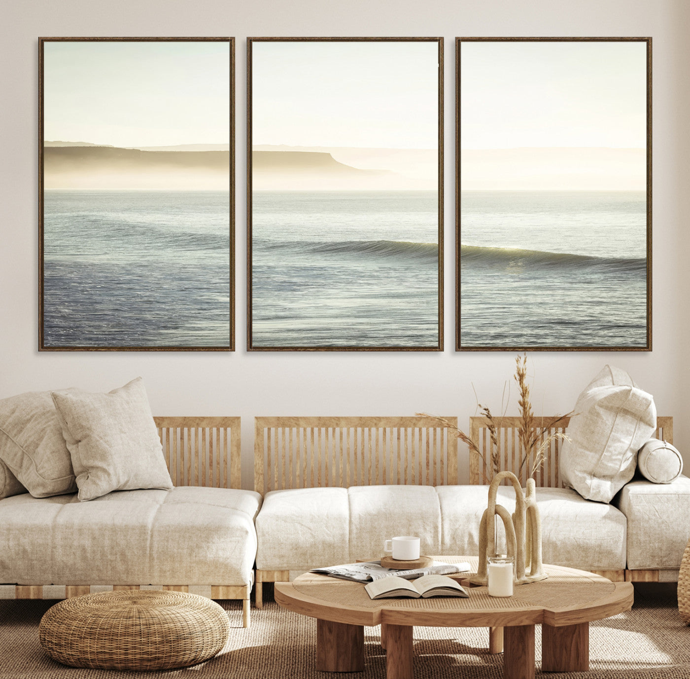 -Coastal Cliffs Wall Art Canvas Print, Framed Misty Ocean Art Picture Print, Soft Morning Perfect