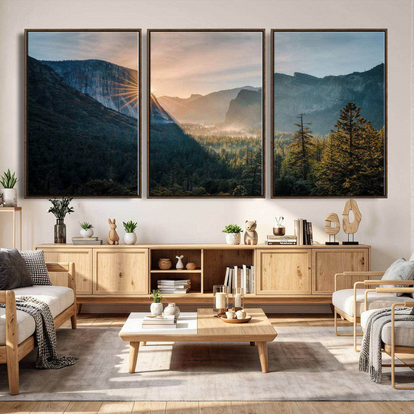 51605481-MGV-CV-36X24 - Yosemite Valley Wall Art – Misty Forest Peaks Canvas Print, Radiant Light, Tranquil Nature Landscape for Living Room or Cabin Decor