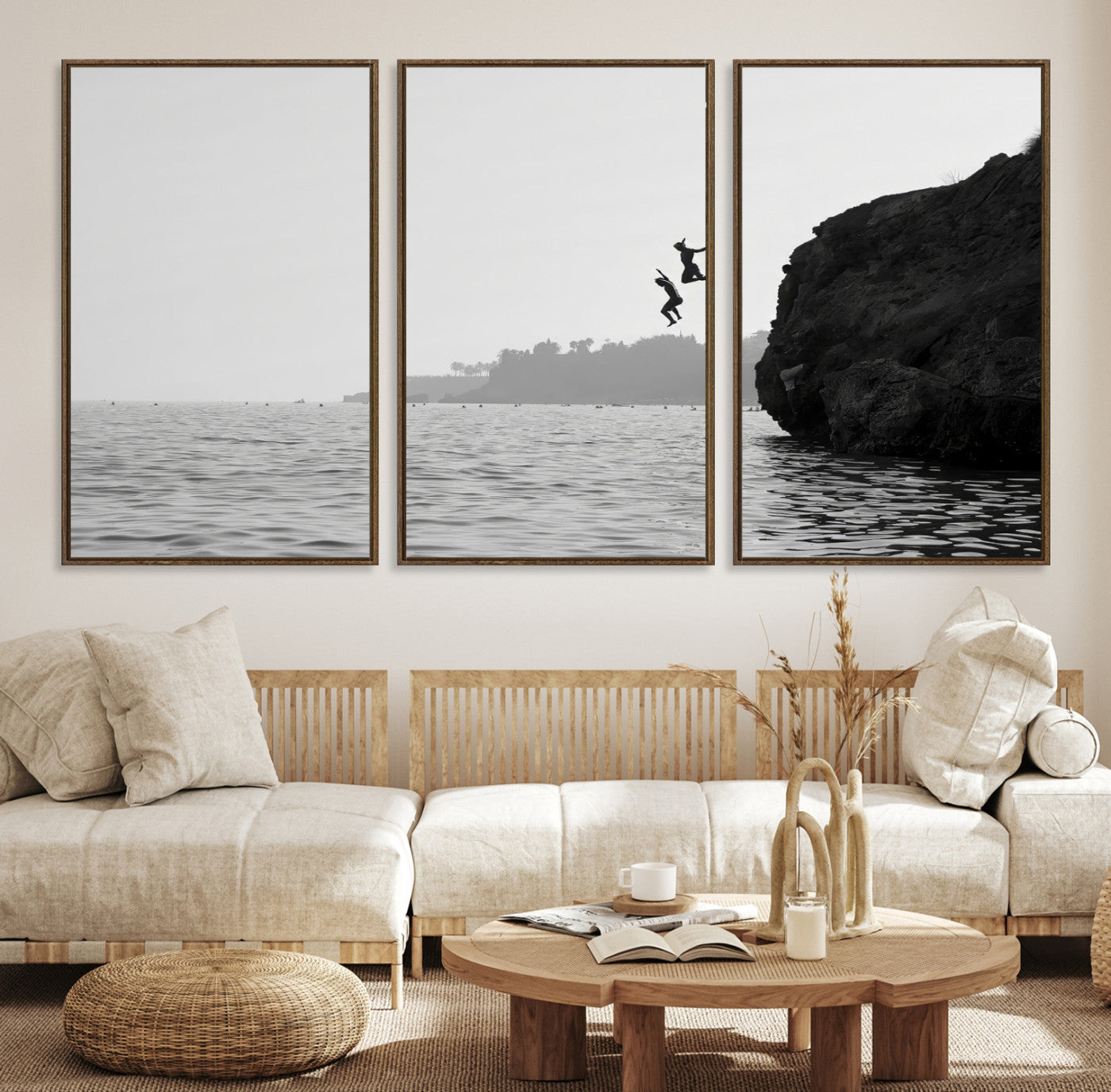 52284302-MGV-CV-36X24-Jumping Wall Art Canvas Print – Framed Coastal Ocean Scene Artwork for Relaxing Beach Home, Office Decor