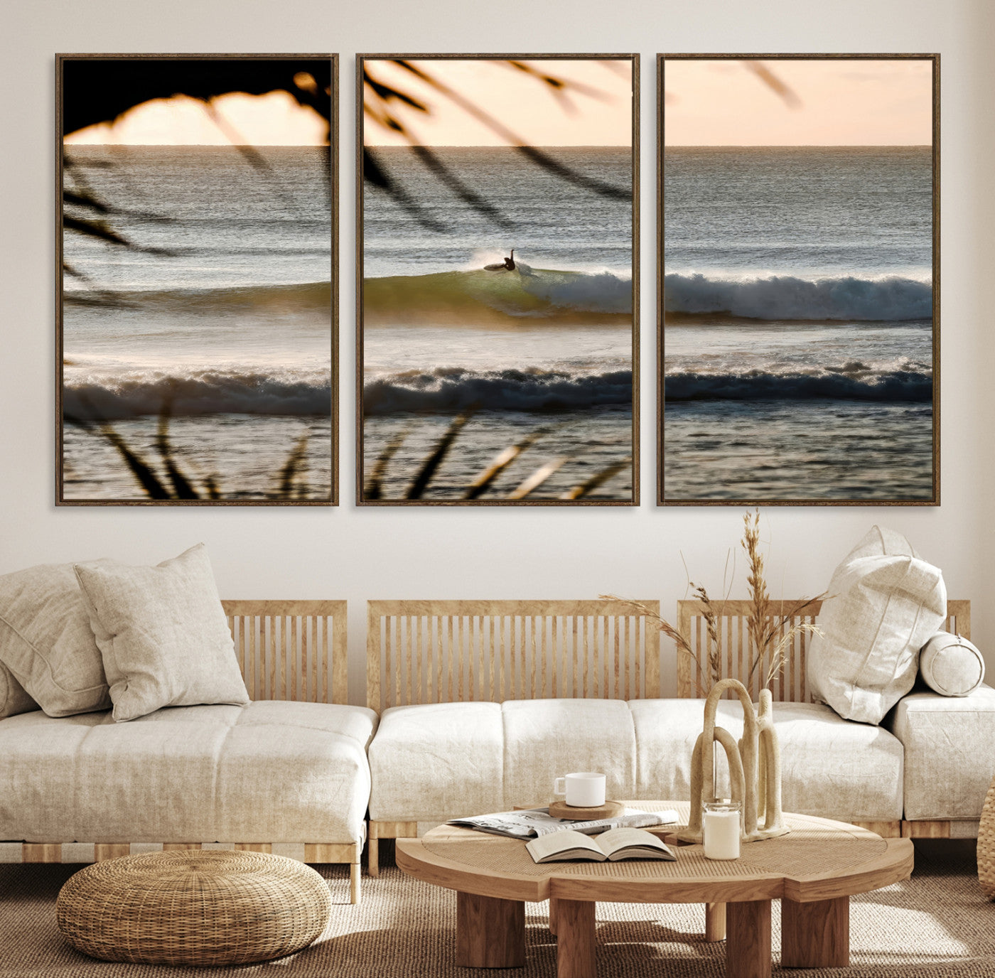 24896468-MGV-CV-36X24-Sunset Surf Wall Art Canvas Print – Framed Golden Hour Waves Scene Artwork for Boho Home, Office, Living Room Decor
