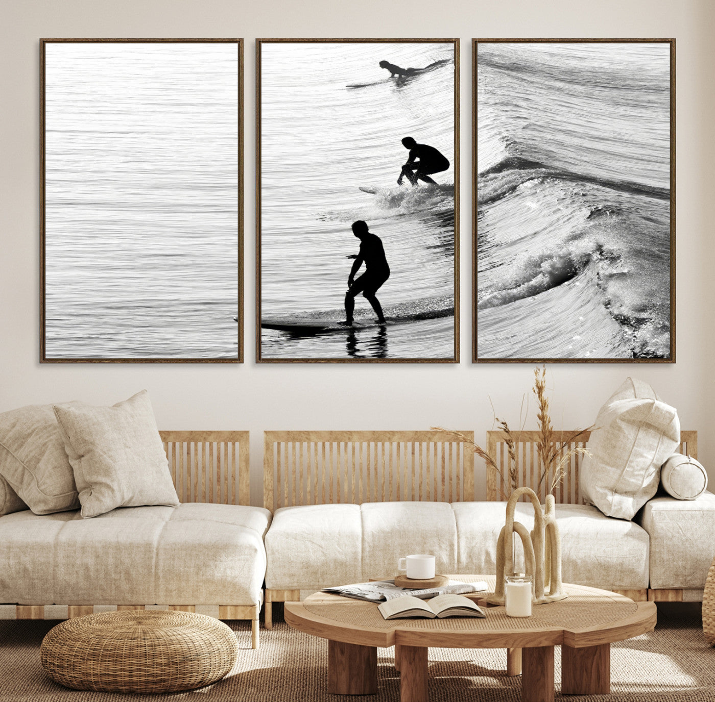 -Surfers on Waves Wall Art Canvas Print, Framed Black White Surf Art Picture Print, Monochrome Ocean