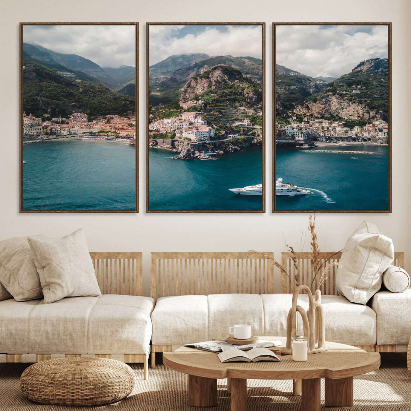 20321590-MGV-FC-60X30-3P_Walnut-Amalfi Coast Wall Art – Framed Italian Seaside Canvas Artwork, Mediterranean Landscape Design, Coastal Decor for Home, Office