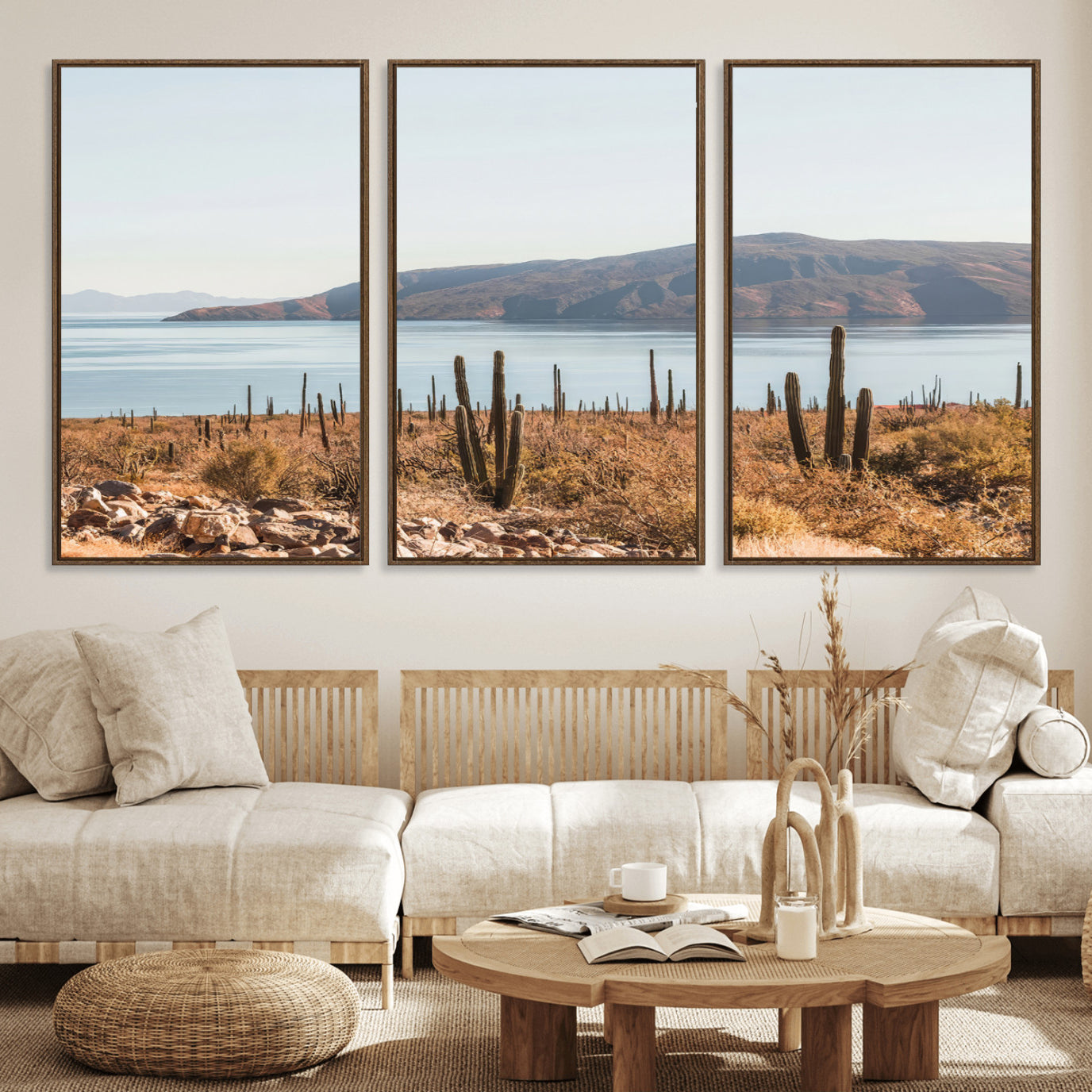 MGV-FC-60X30-3P - Desert Cactus Wall Art Canvas Print, Framed Baja Coastline Art Picture Print, Coastal Desert Perfect Southwestern Minimalist Decor Artwork