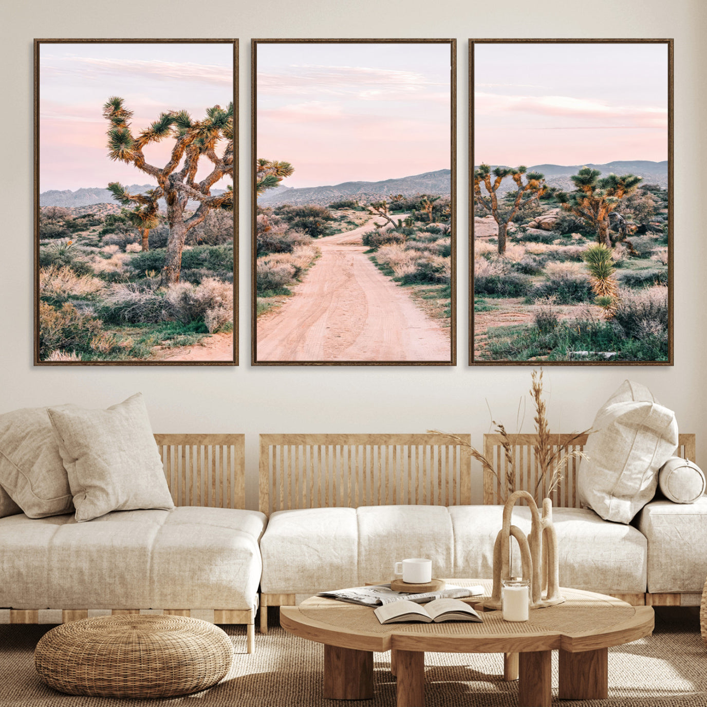 MGV-FC-60X30-3P - Desert Trail Wall Art – Canvas Print of Joshua Trees & Sunset Glow, Sandy Path Wilderness, Scenic Nature Escape Decor for Living Room, Office or Bedroom