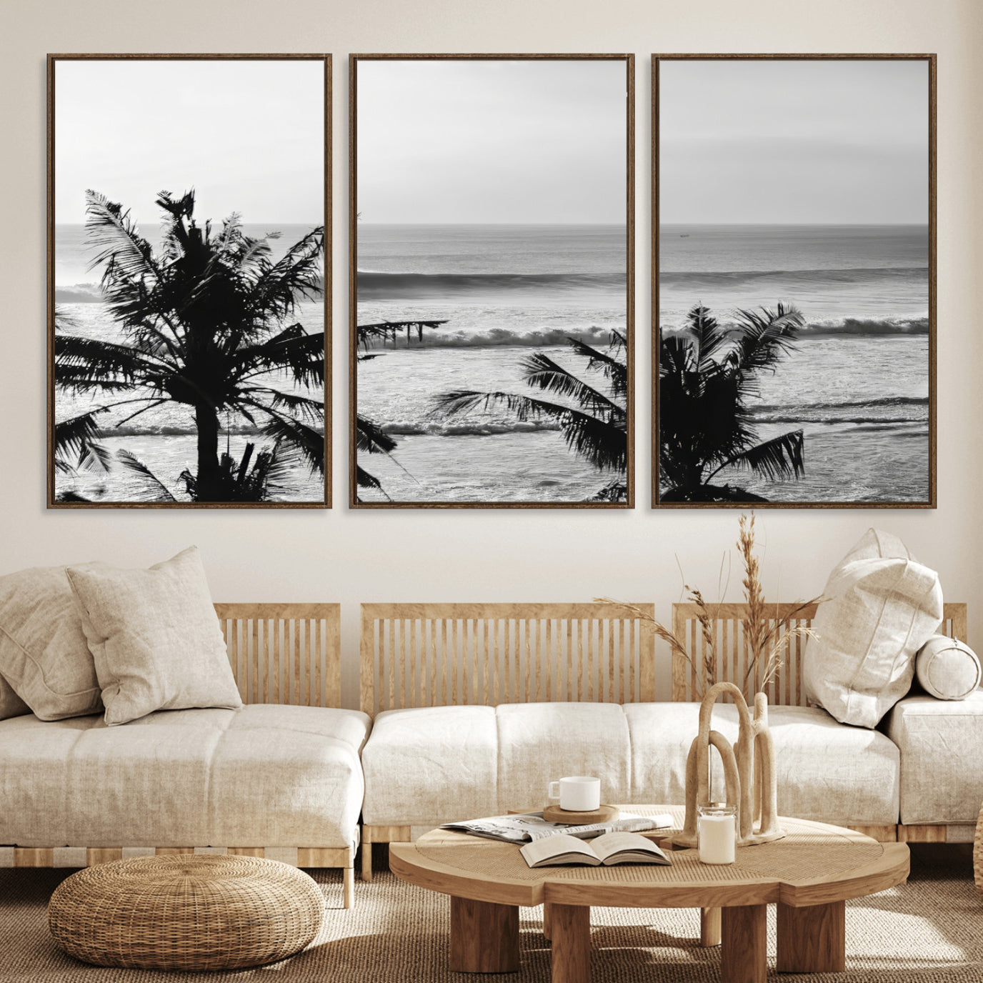 17508038-MGV-FC-60X30-3P_Walnut-Tropical Coastline Wall Art Canvas Print – Framed Palm Trees Scene with Ocean Waves Artwork for Home, Office