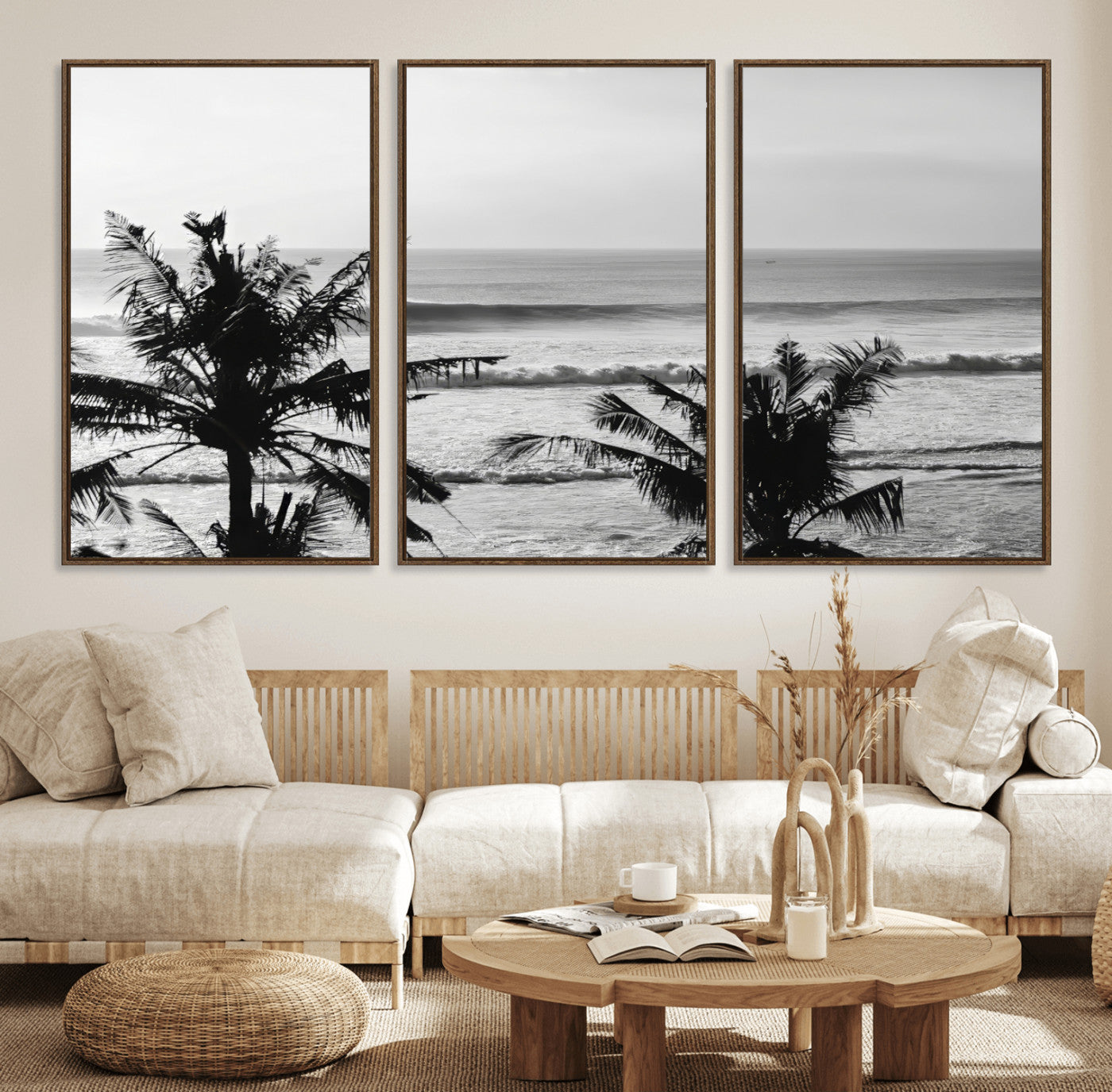 17508038-MGV-FC-60X30-3P_Walnut-Tropical Coastline Wall Art Canvas Print – Framed Palm Trees Scene with Ocean Waves Artwork for Home, Office