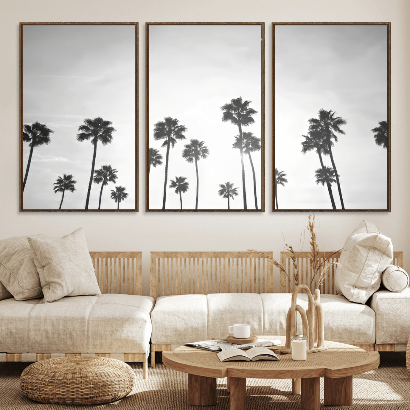 62298277-MGV-FC-60X30-3P_Walnut-Monochrome Palms Wall Art Canvas Print – Framed Minimalist Silhouetted Trees Artwork for Home, Office, Living Room