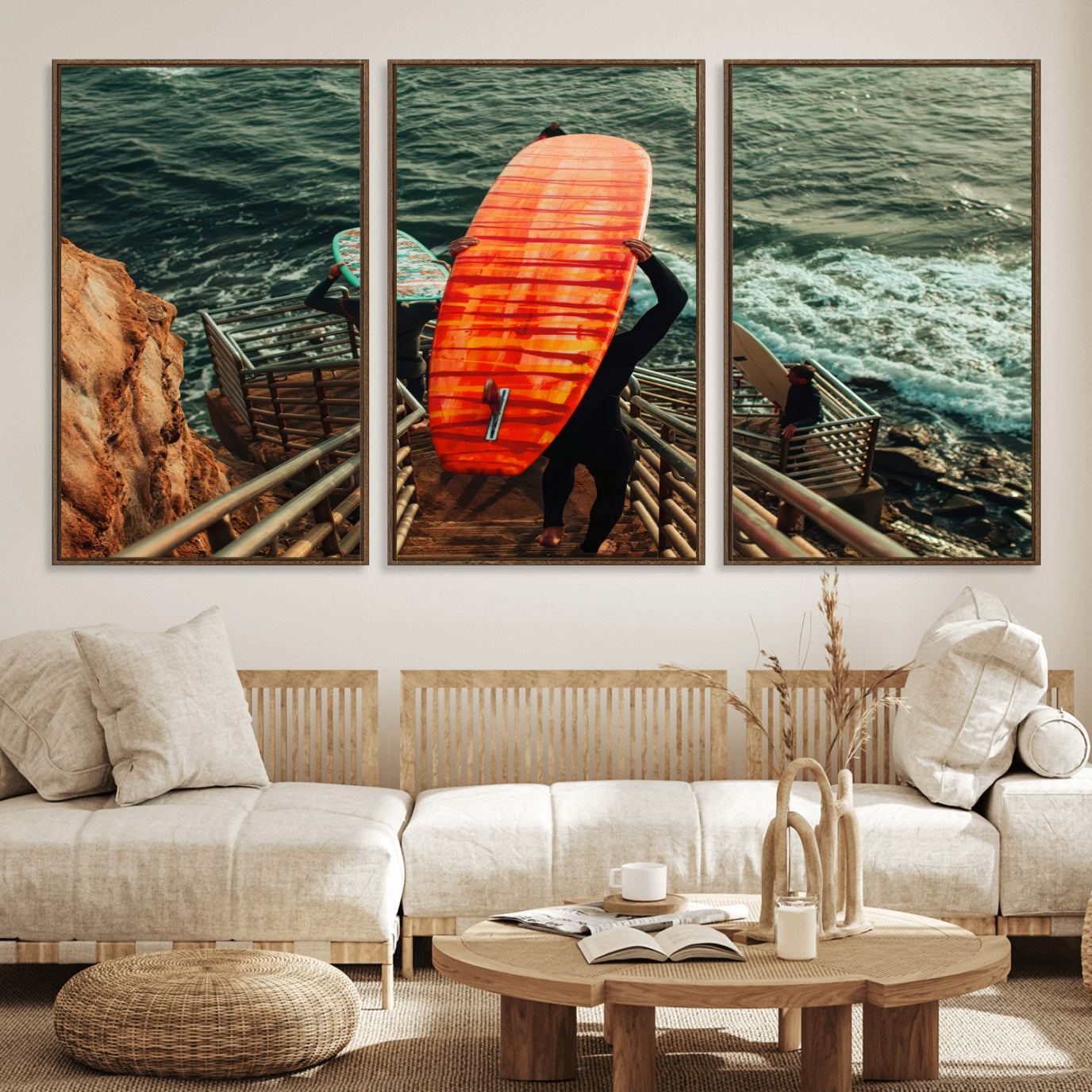 MGV-FC-60X30-3P - Surfer Stairway Wall Art Canvas Print, Framed Ocean Surf Art Picture Print, Sunset Coastal Perfect Coastal Adventure Decor Artwork