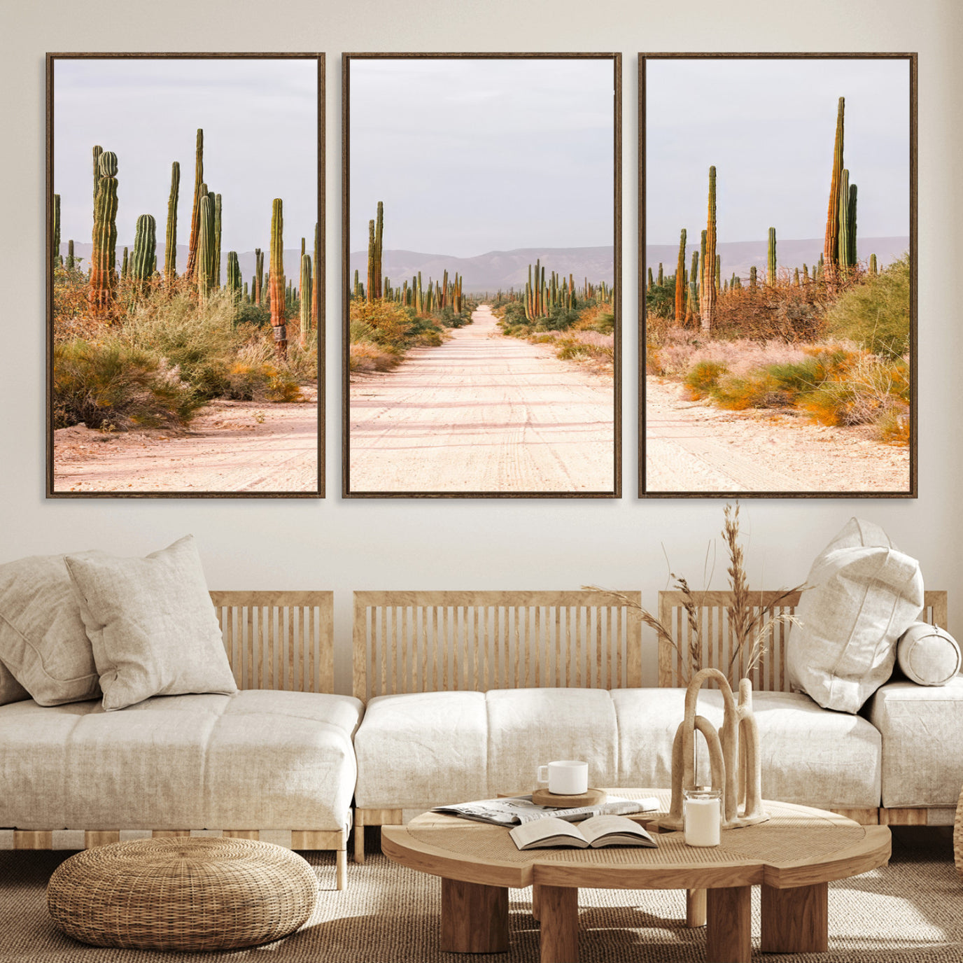 MGV-FC-60X30-3P - Desert Cactus Wall Art Canvas Print, Framed Southwestern Art Picture Print, Bohemian Western Perfect Southwestern Boho Decor Artwork