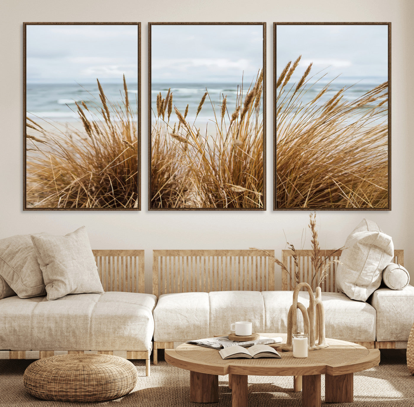 14270839-MGV-FC-60X30-3P_Walnut-Beach Grass Wall Art – Framed Coastal Dunes Canvas Artwork, Minimal Seaside Design, Modern Coastal Decor for Home, Office