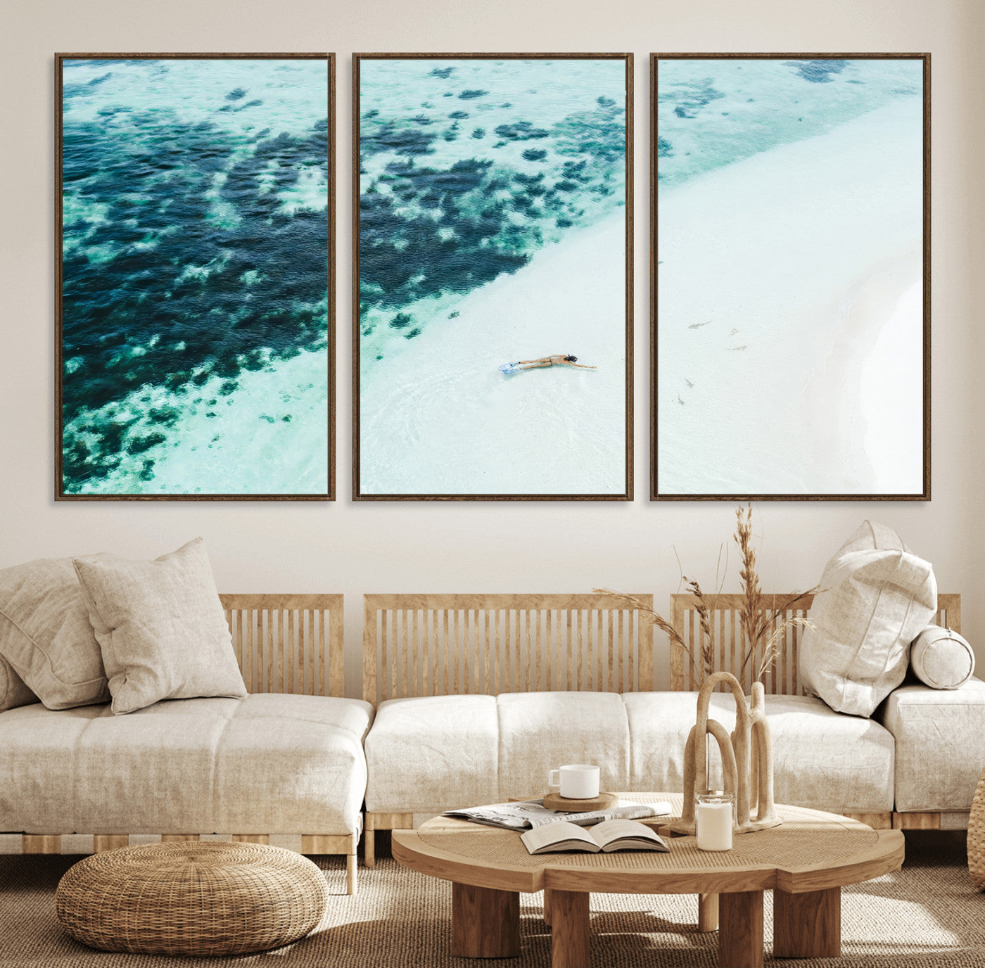 33764764-MGV-FC-60X30-3P_Walnut-Minimal Beach Wall Art – Framed Ocean Swimming Canvas Artwork, Clear Blue Sea Design, Modern Coastal Decor for Home, Office