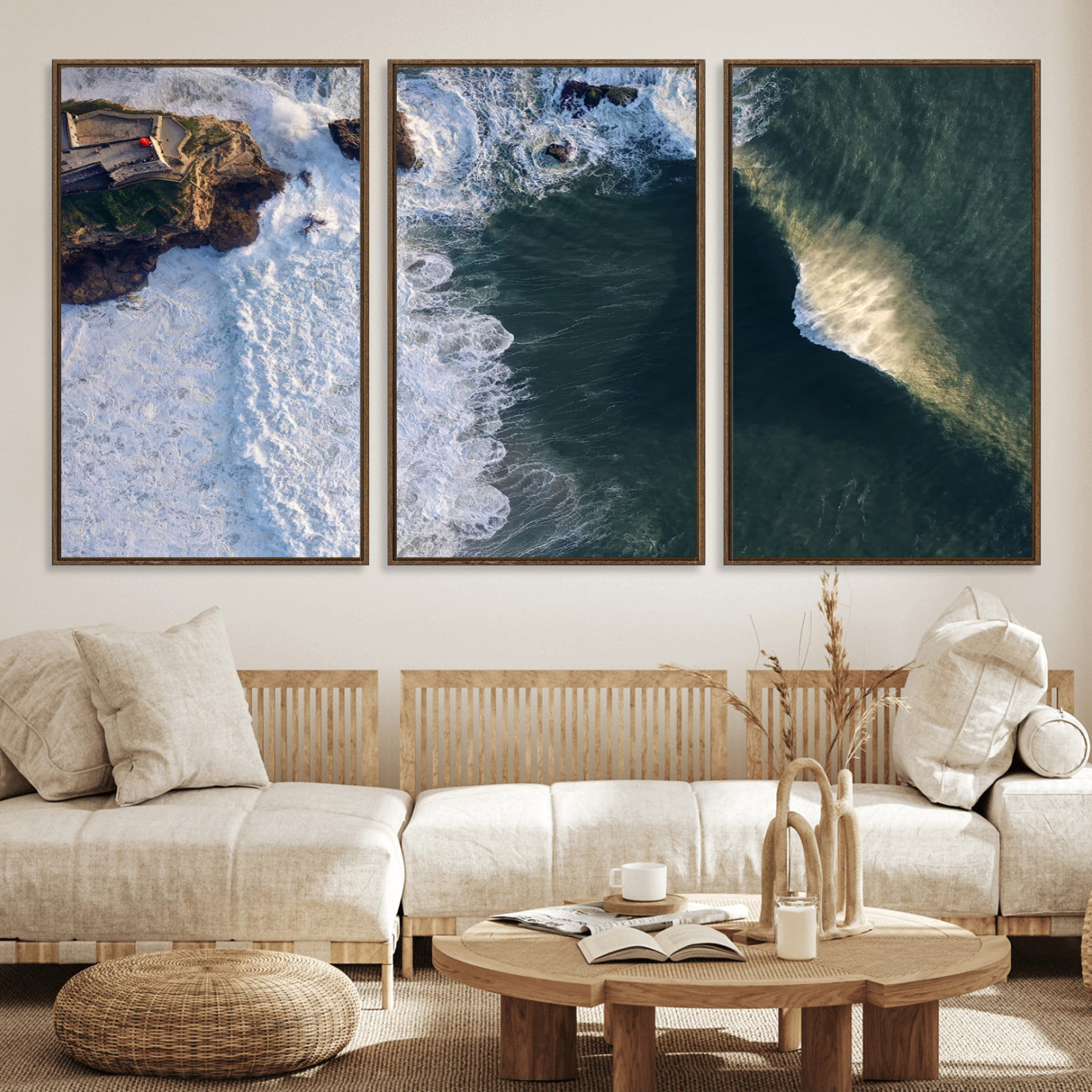 MGV-FC-60X30-3P - Nazaré Coast Wall Art Canvas Print, Framed Aerial Ocean Art Picture Print, Coastal Fortress Perfect Dramatic Coastal Decor Artwork