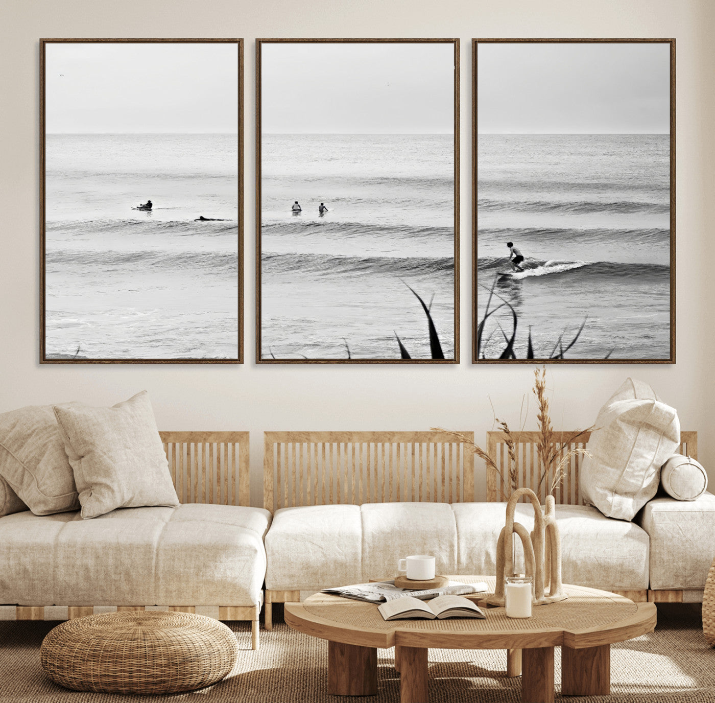 33821421-MGV-FC-60X30-3P_Walnut-Surfer Silhouette Wall Art – Framed Calm Ocean Canvas Artwork, Monochrome Minimal Design, Modern Coastal Decor for Home, Office