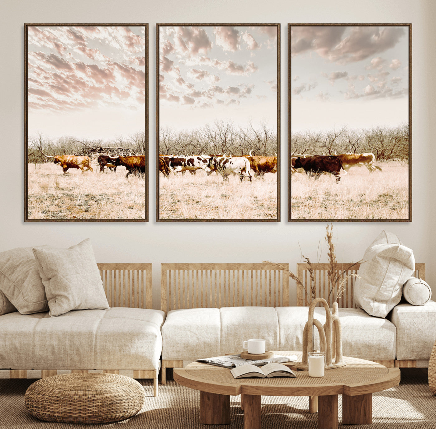 64892775-MGV-FC-60X30-3P_Walnut-Longhorn Cattle Wall Art Canvas Print – Framed Texas Ranch Scene with Western Cow Artwork for Home, Office