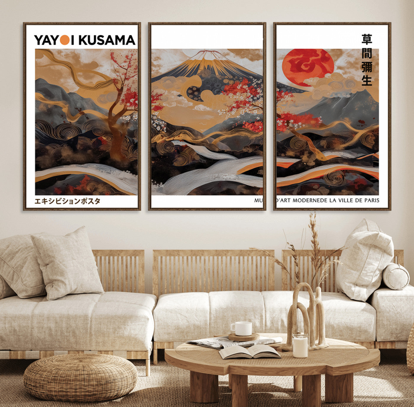 40959107-MGV-FC-60X30-3P_Walnut-Modern Japanese Wall Art Canvas Print – Framed Abstract Mount Fuji Scene Inspired Yayoi Kusama for Home, Office