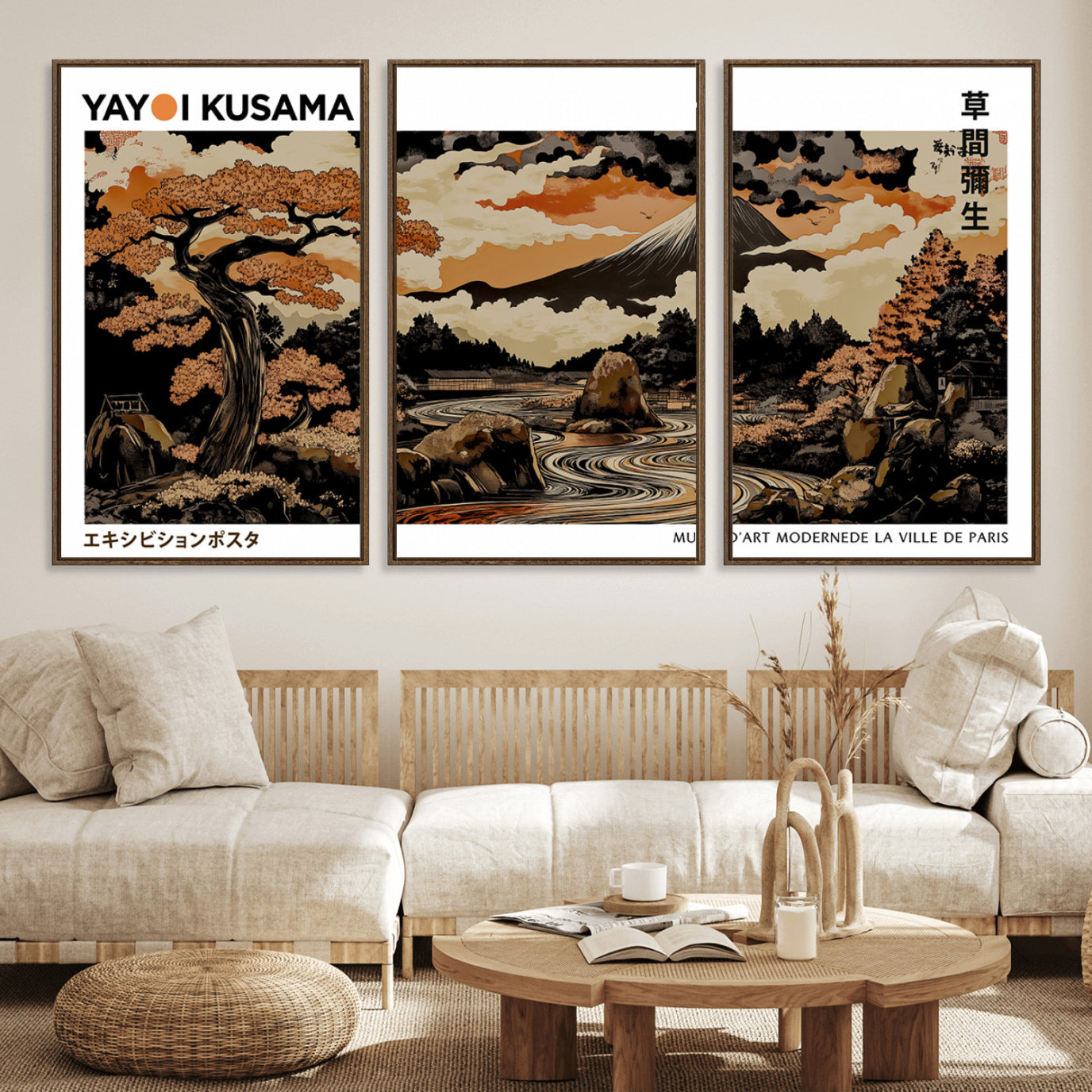 96372548-MGV-FC-60X30-3P_Walnut-Modern Japanese Wall Art Print Yayoi Kusama Canvas Wall Art Abstract Mount Fuji Canvas Print