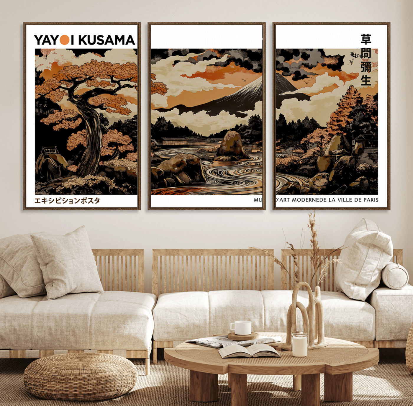 96372548-MGV-FC-60X30-3P_Walnut-Modern Japanese Wall Art Canvas Print – Framed Abstract Mount Fuji Scene with Yayoi Kusama Style Artwork for Home, Office