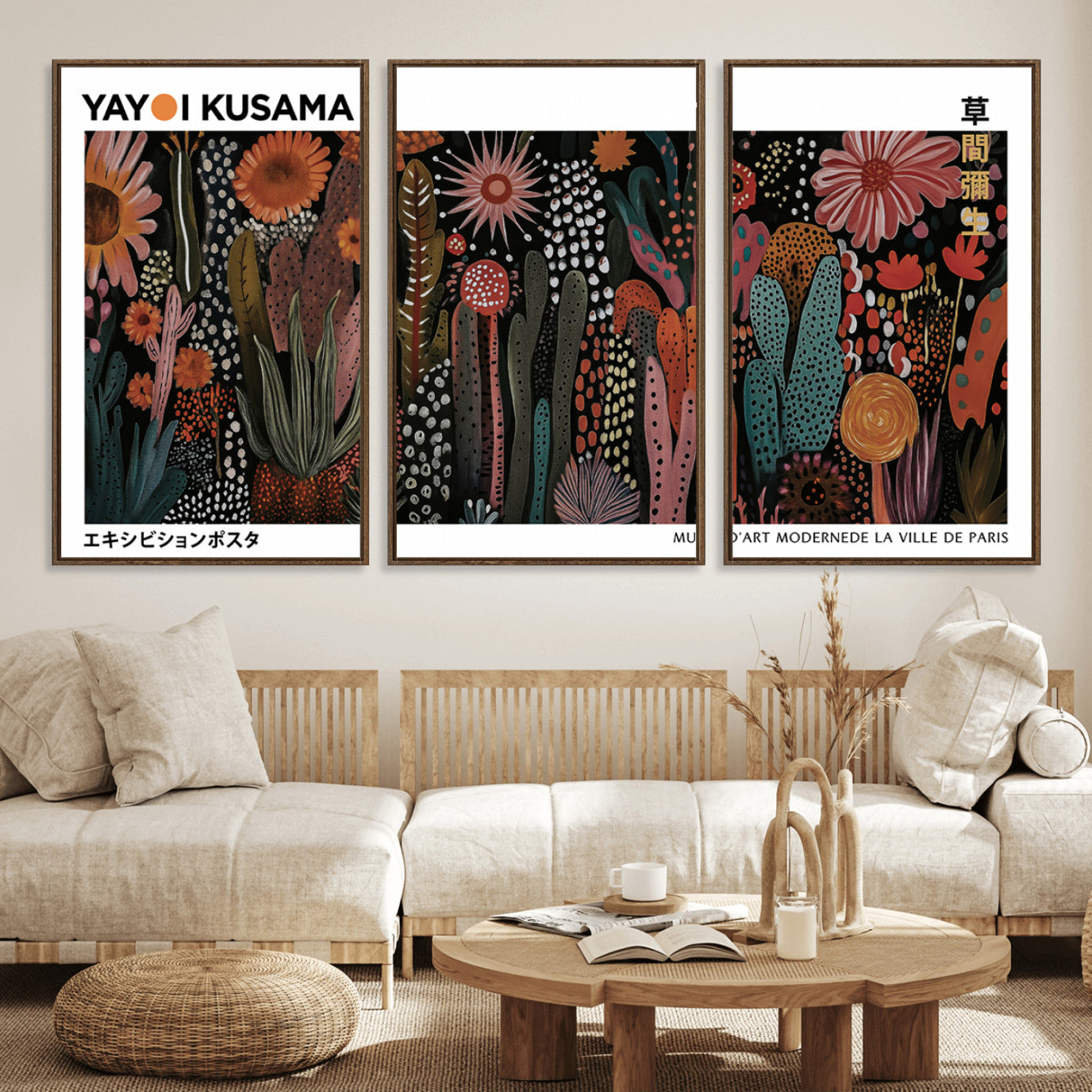 70632622-MGV-FC-60X30-3P_Walnut-Modern Japanese Wall Art Canvas Print – Framed Abstract Mount Fuji Scene with Yayoi Kusama Artwork for Home, Office