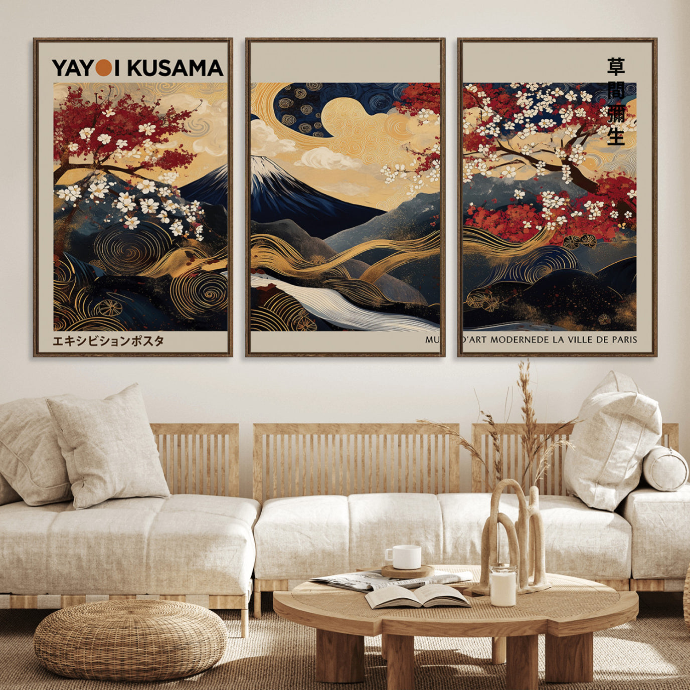 54967195-MGV-FC-60X30-3P_Walnut-Modern Japanese Wall Art, Yayoi Kusama Japanese Print Wall Art, Abstract Mount Fuji Canvas Print,